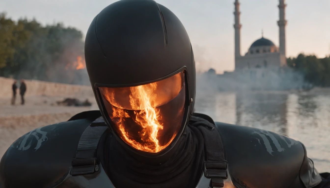 - Personnage : A man whose face is hidden by a black balaclava.
- The character's eyes glow intensely red, as if they were emitting an intense red light.
- Le personnage porte une veste noire.
- Le personnage porte un pantalon noir.
-Background : An ocean background.
- Au premier plan, The motorcycle is broken into two pieces.
- Roses are scattered on the ground.
- A motorcycle helmet is thrown on the ground next to the character, with a torn heart also on the ground nearby.
- A motorcycle is on fire somewhere in the background behind the character.
-Resolution : 1920 x 1080 pixels en mode paysage.
-background, A mosque is visible.
- A boat is burning on the water.