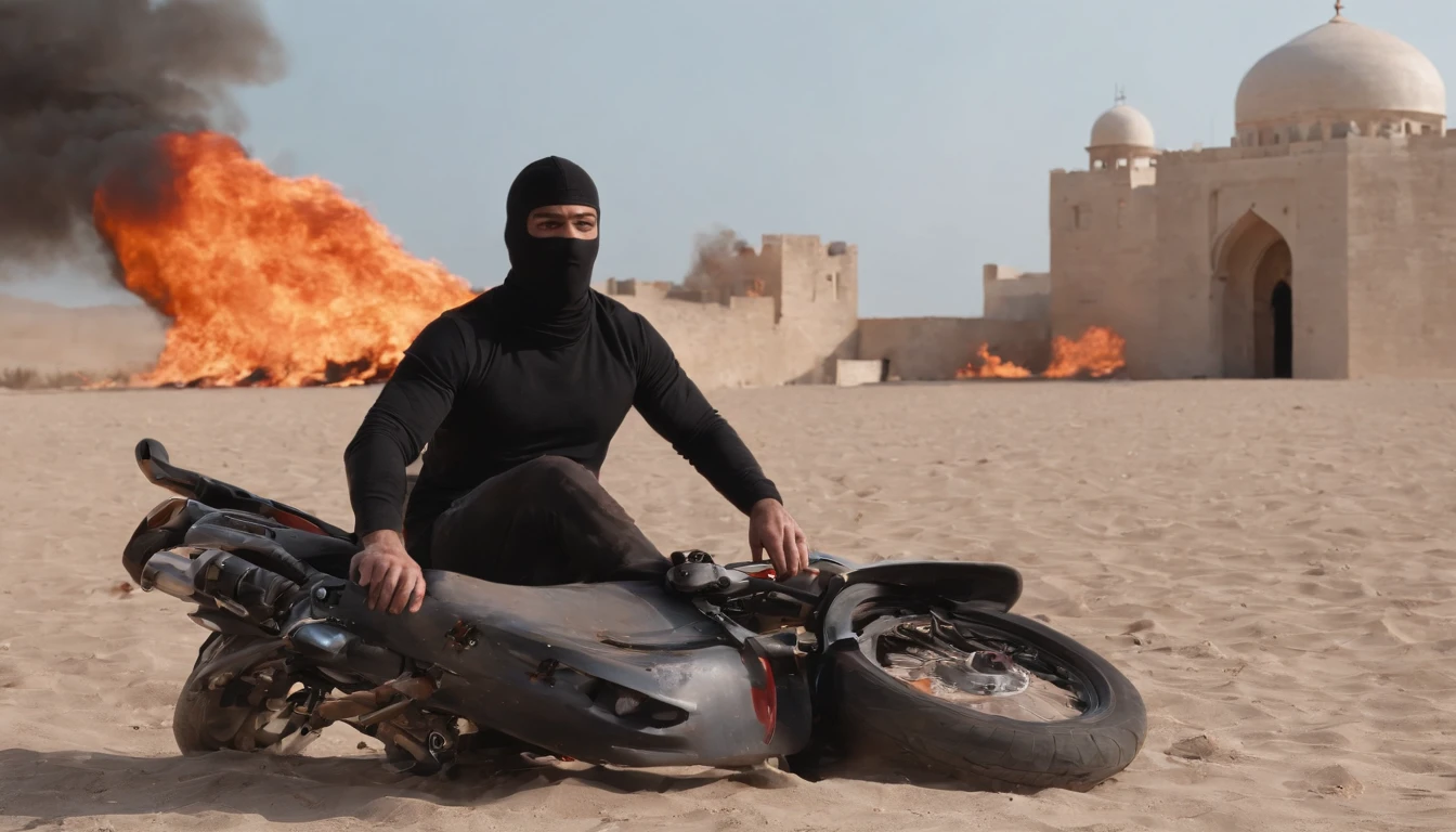 - Personnage : A man whose face is hidden by a black balaclava.
- The character's eyes glow intensely red, as if they were emitting an intense red light.
- Le personnage porte une veste noire.
- Le personnage porte un pantalon ????.

-Background : An ocean background.
- Au premier plan, The motorcycle is broken into two pieces.
- Roses are scattered on the ground.
- A motorcycle helmet is thrown on the ground next to the character, with a torn heart also on the ground nearby.
- A motorcycle is on fire somewhere in the background behind the character.

-Resolution : 1920 x 1080 pixels en mode paysage.

-background, A mosque is visible.
- A boat is burning on the water.