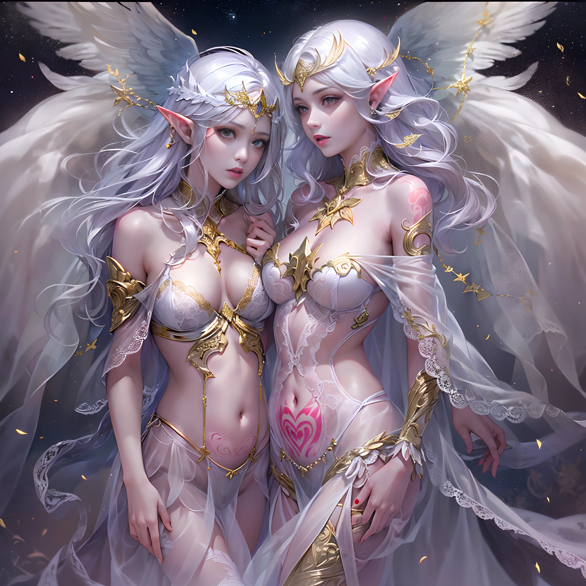 Sisters, Milky Way, Crescent Moon, Meteor Shower, Silver Hair, Feathered Angel Wings, Elven Ears, Transparent Finish, Realistic Body Lines, (((Many long white lace veils flutter in the wind))),((Red tattoo with womb under the navel))))), (Silk gold and silver lingerie), ((((Dirty crest)))