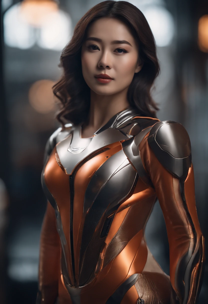 Ultra-realistic 8K CG，（A futuristic：，Perfect artwork，tmasterpiece，Cidade futuristica，future era，Machinary，fanciful），（（detailedbackground）））Sexy 20 year old asian female muscle robot fresh model，stunningly beautiful，are standing，looking at the camera in，with short black hair，wavy shiny hair，50 mm portrait，carismatic，Gentle curves，gigantic ass，Wide buttock，moist lips，cybernetic perfect body，Perfect abs，。.。.。.。.。.。.3D， Also super realistic，Orange-purple clothes