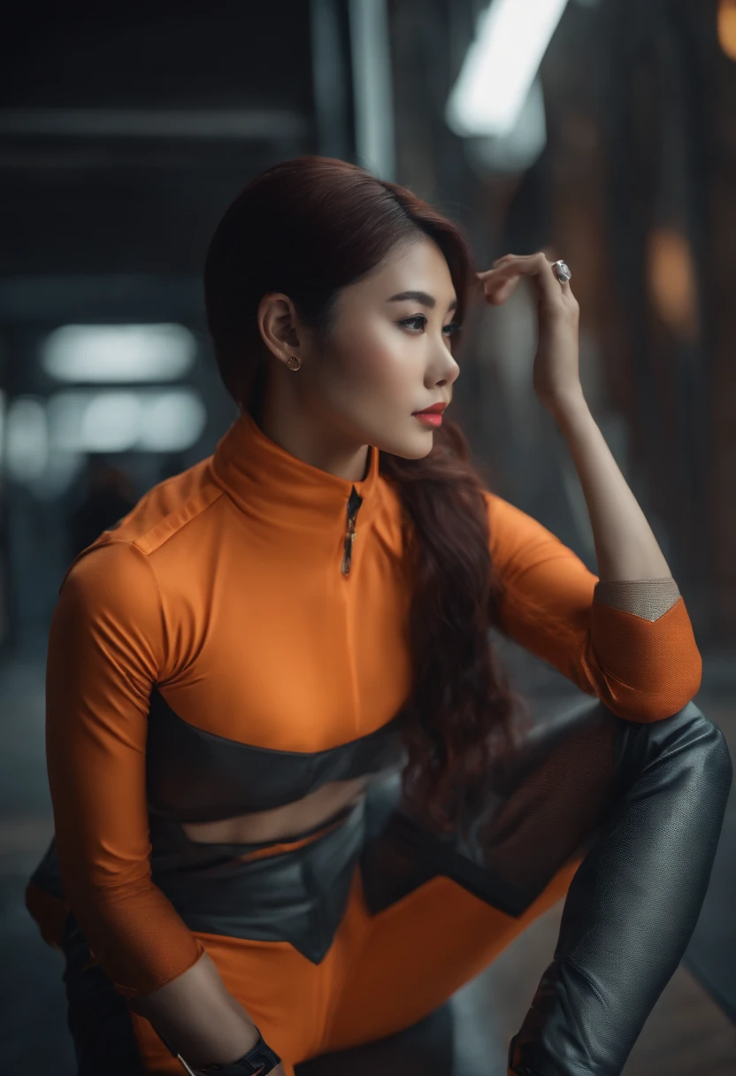 Ultra-realistic 8K CG，（A futuristic：，Perfect artwork，tmasterpiece，Cidade futuristica，future era，Machinary，fanciful），（（detailedbackground）））Sexy 20 year old asian female muscle robot fresh model，stunningly beautiful，are standing，looking at the camera in，with short black hair，wavy shiny hair，50 mm portrait，carismatic，Gentle curves，gigantic ass，Wide buttock，moist lips，cybernetic perfect body，Perfect abs，。.。.。.。.。.。.3D， Also super realistic，Orange-purple clothes