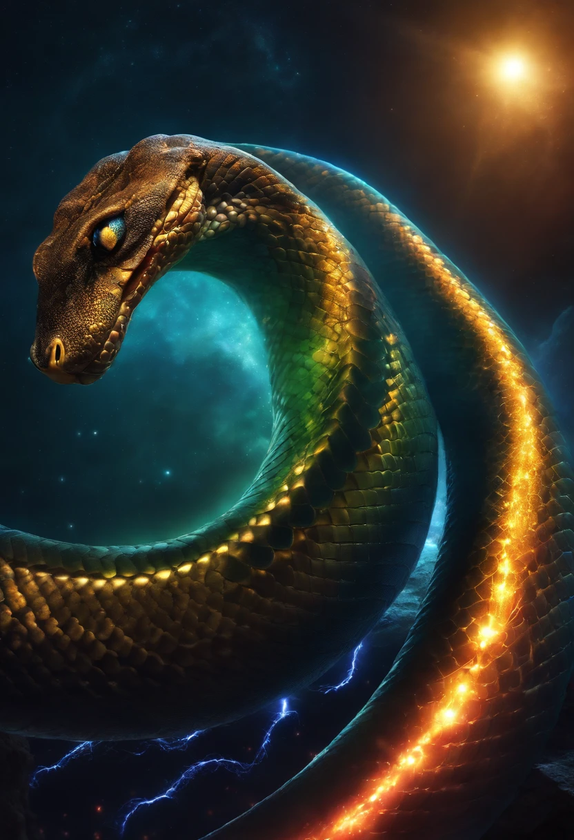 Cosmic big snake , snake is a teache,glowing light eyes, Biomechanical, eer nightmarish, Very bright colors, Light particles, with light glowing, Mshiff, wallpaper art, UHD wallpaper