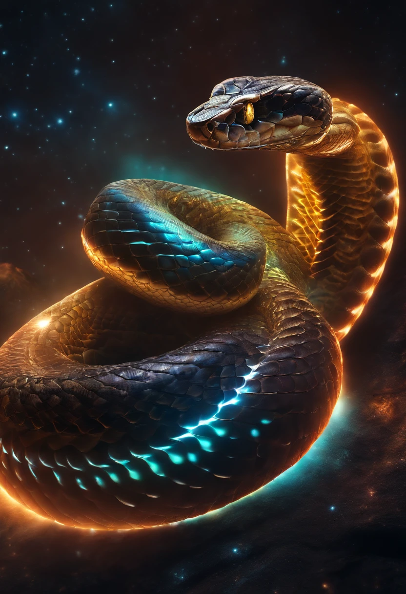 Cosmic big snake , snake is a teache,glowing light eyes, Biomechanical, eer nightmarish, Very bright colors, Light particles, with light glowing, Mshiff, wallpaper art, UHD wallpaper