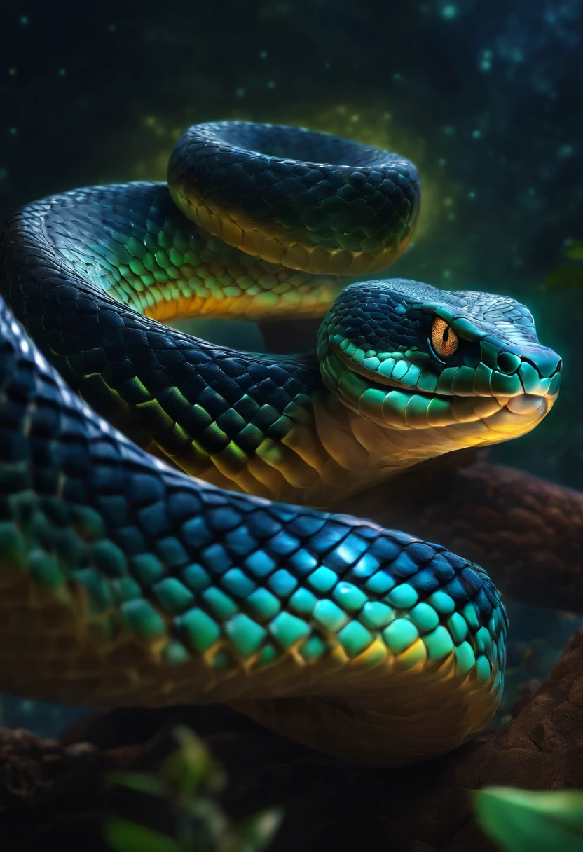 Cosmic big snake , snake is a teache,glowing light eyes, Biomechanical, eer nightmarish, Very bright colors, Light particles, with light glowing, Mshiff, wallpaper art, UHD wallpaper