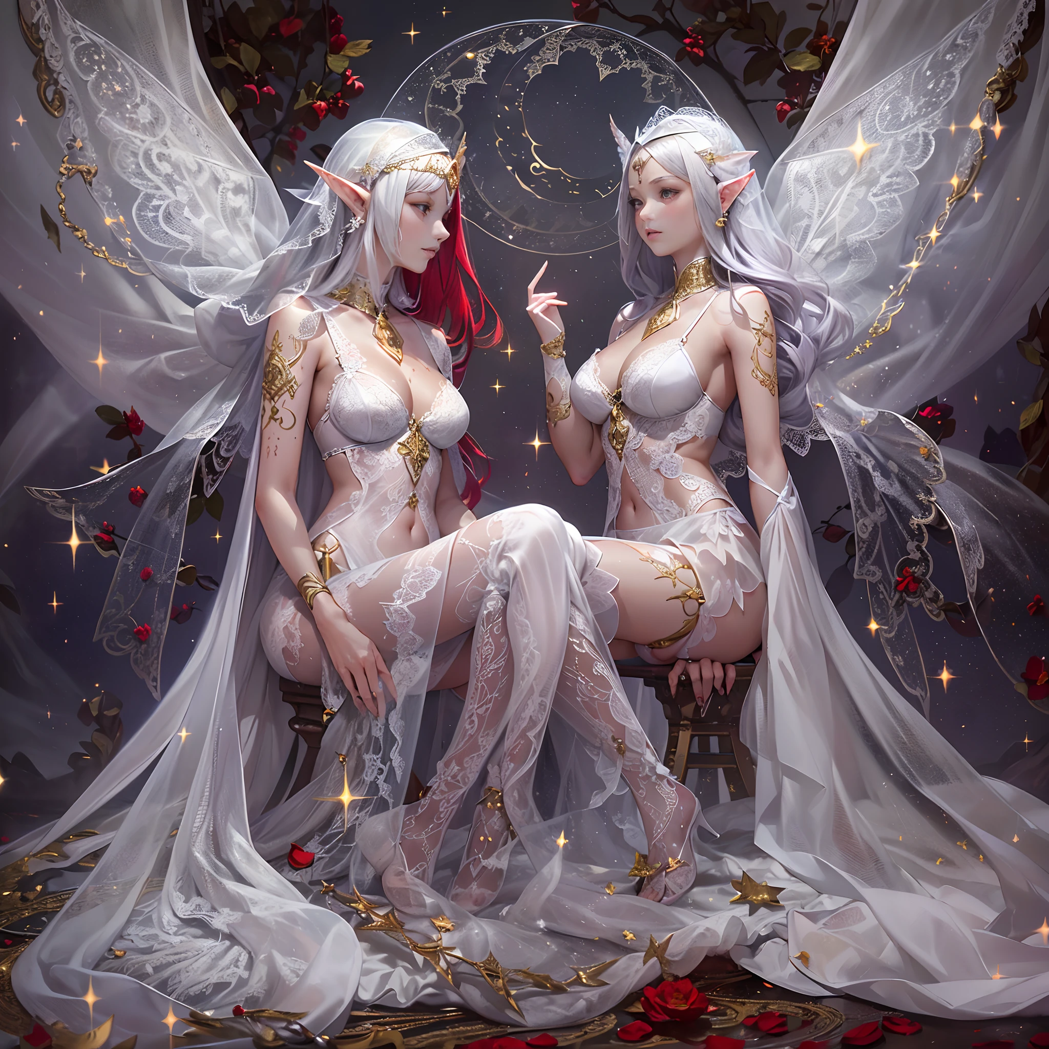 Sisters, Milky Way, Crescent Moon, Meteor Shower, Silver Hair, Feathered Angel Wings, Elven Ears, Transparent Finish, Realistic Body Lines, (((Many long white lace veils flutter in the wind))),((Red tattoo with womb under the navel))))), (Silk gold and silver lingerie), ((((Dirty crest)))