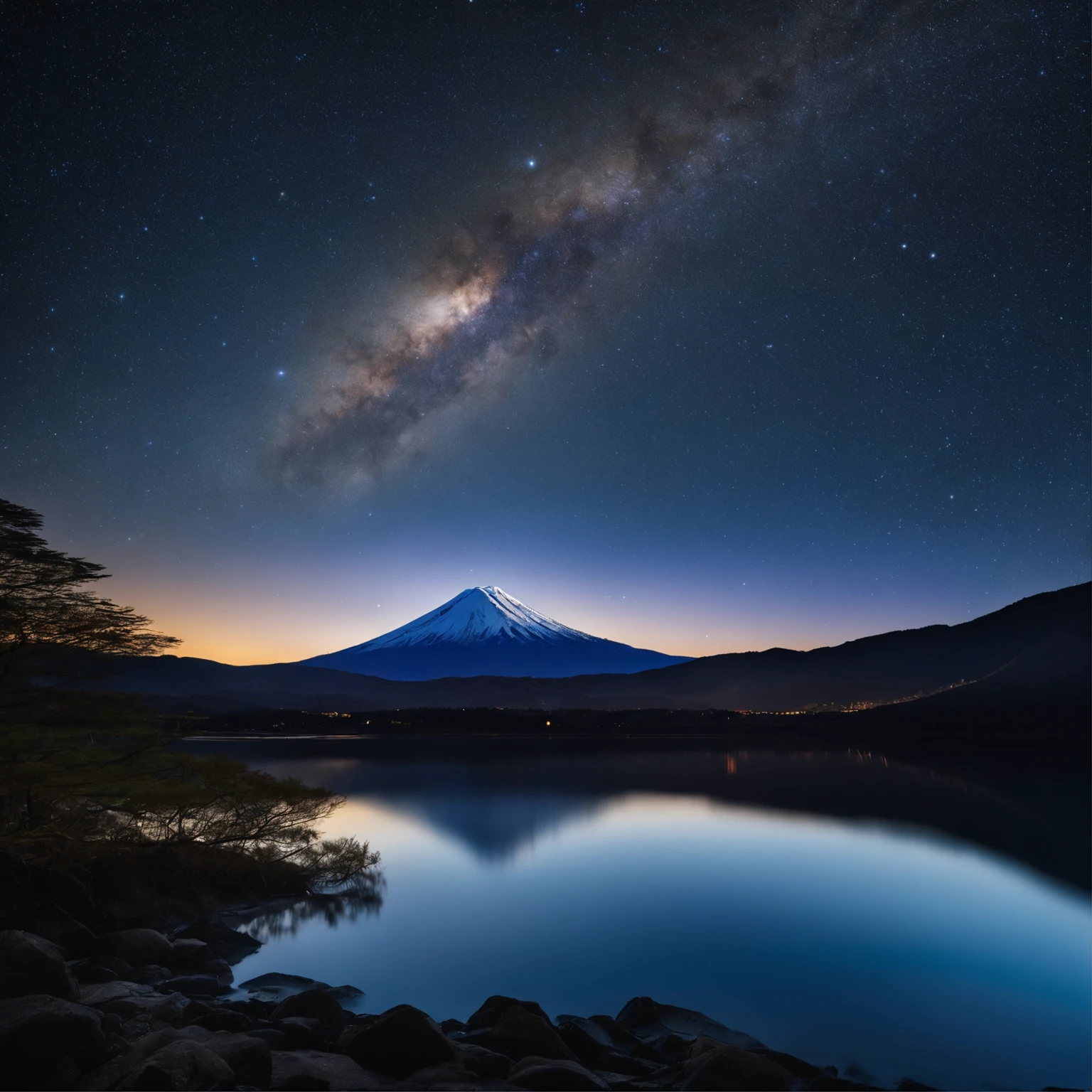 Master Parts、Superior Quality、superior image quality、The 8k quality、、Beautiful pictures of the starry sky、magnifica、Arched Milky Way:1.9、Mt fuji、Blue surface of the lake