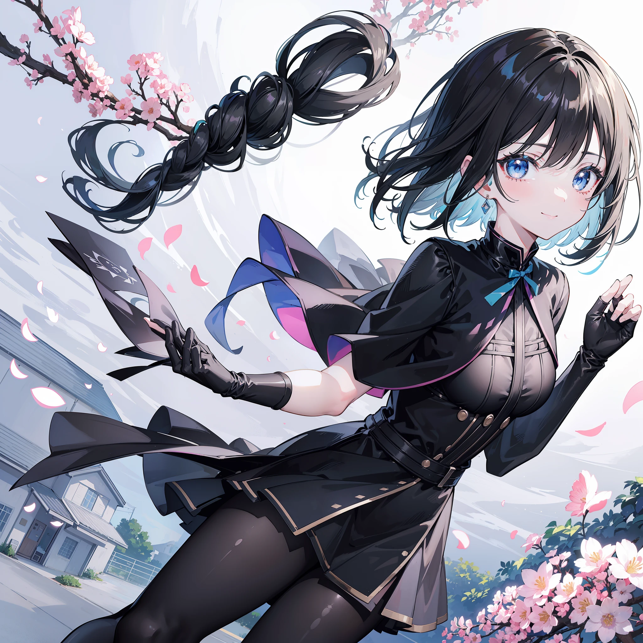 kawaii　a beauty girl　A dark-haired　short-haired　bob cuts　Sideways braided hair　fluffy hair　light blue  eyes　Black Dress　Black Pants Stockings　Black boots　long black gloves　Flower Garden　high-level image quality　hightquality　4K　ssmile　A smile　pitiful　1 girl in　Detailed and delicate face　skirt by the　dark and delicate eyes　Fine details　happy girl　Petals are fluttering　((Anime-like illustrations))　Proseca's Shinonome picture name　High school students　　date　Street　Plain clothe　独奏