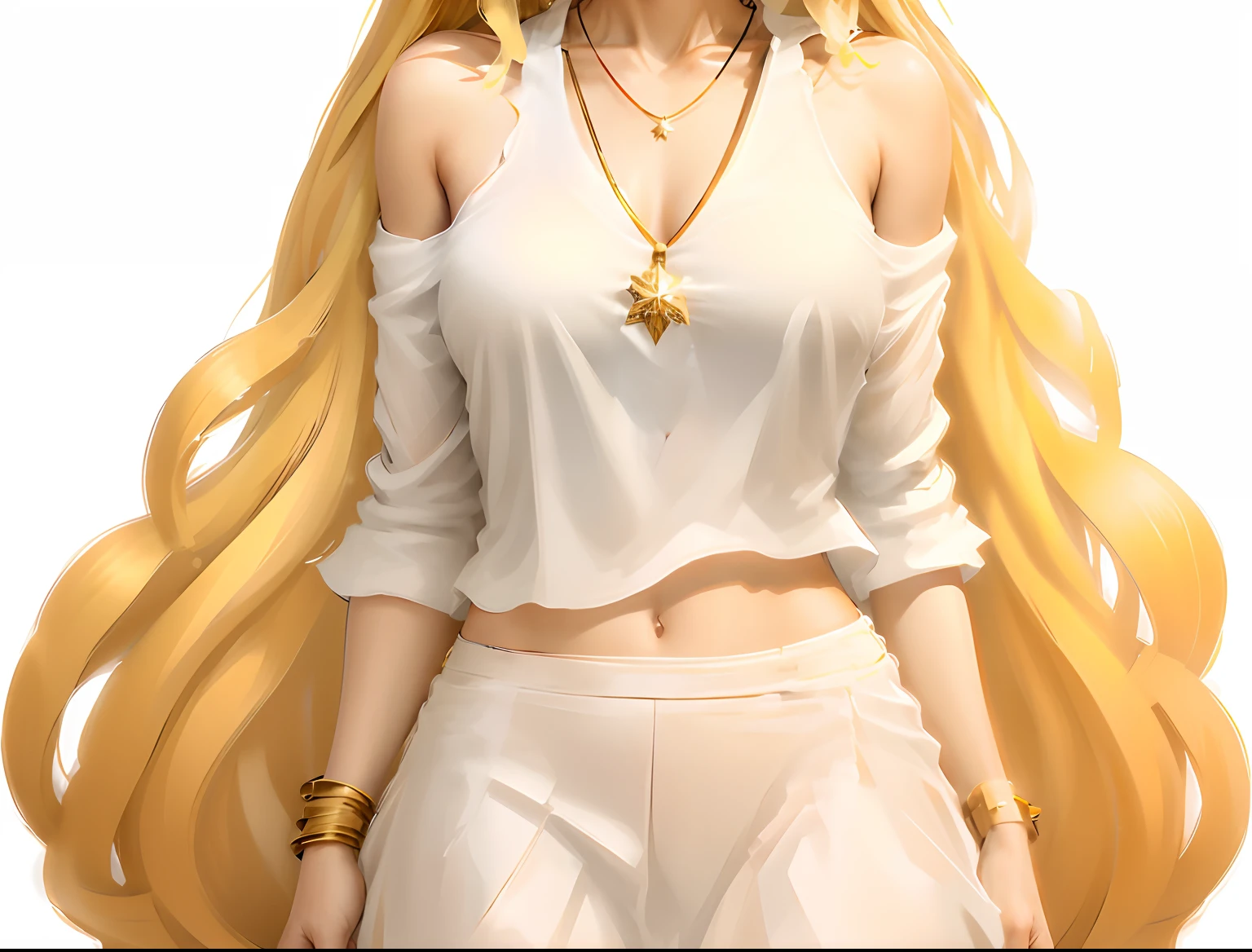 Garota usando roupa branca, colar de estrela dourado