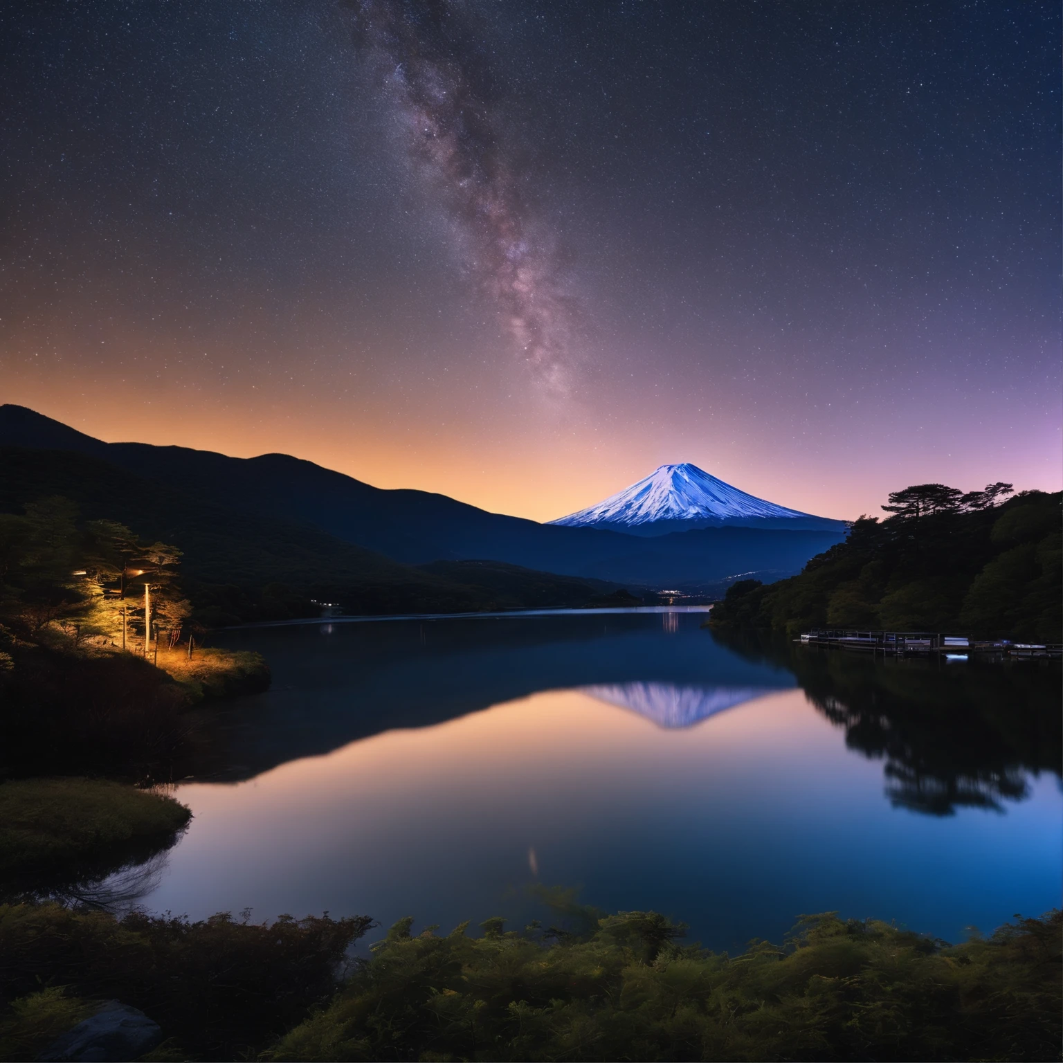 Master Parts、Superior Quality、superior image quality、The 8k quality、、Beautiful pictures of the starry sky、magnifica、Arched Milky Way:1.9、Mt fuji、Blue surface of the lake