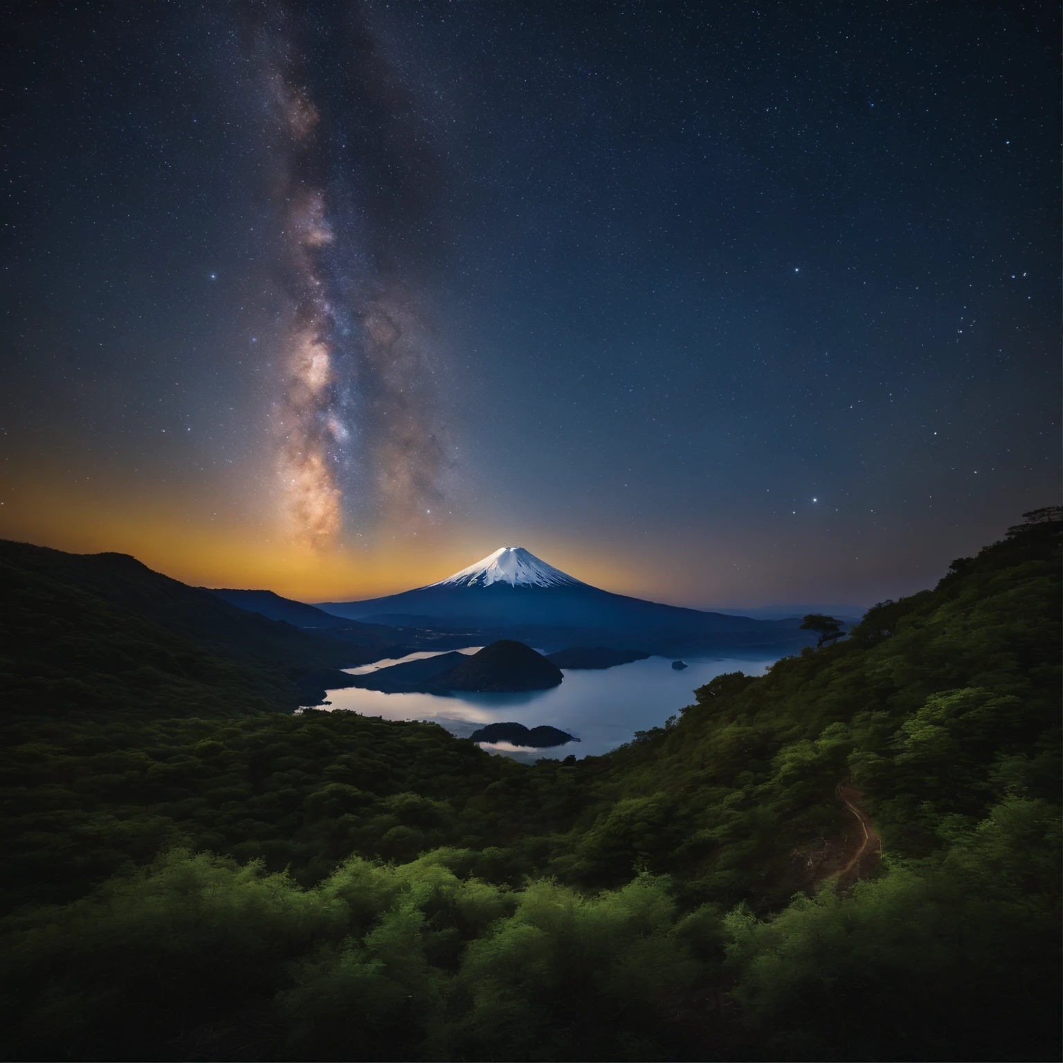 Master Parts、Superior Quality、superior image quality、The 8k quality、、Beautiful pictures of the starry sky、magnifica、Arched Milky Way:1.9、Mt fuji、Blue surface of the lake
