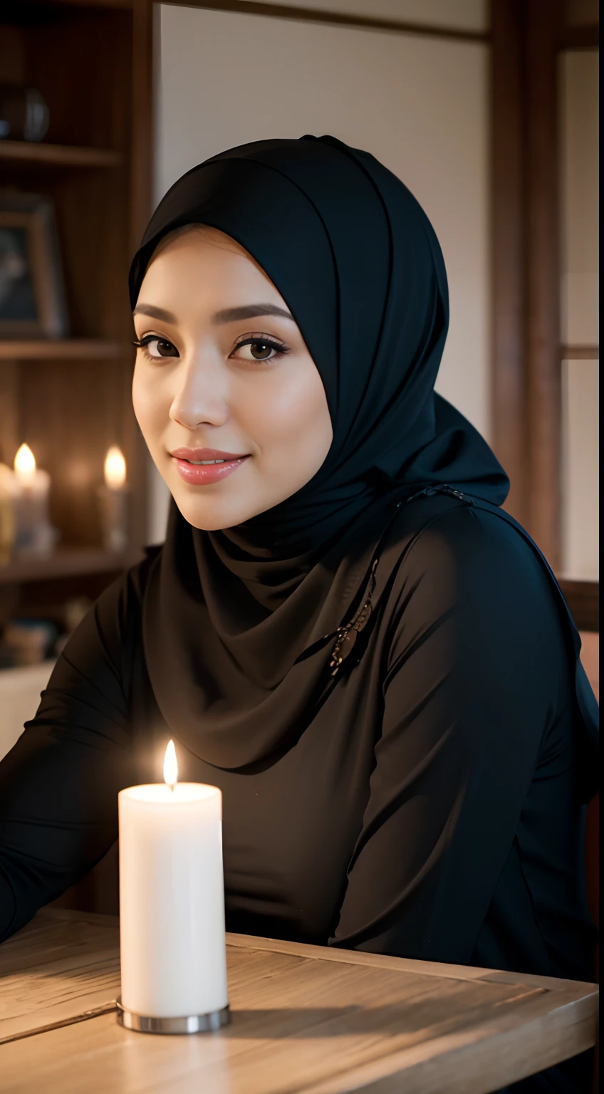 top quality, masterpiece, hi-res, 1 woman, 35 years old, Japanese, western style fortune teller outfit, hair ornament, necklace, jewelry, beautiful face, calm smile, upon_body, Tyndall effect, photorealistic, divination room, candles on table, tarot cards, rim lighting, two tone Lighting, (High Definition Skin:1.2), 8k uhd, DSLR, soft lighting, high quality, volumetric lighting, candid, photography, high resolution, 4k, 8k, bokeh, (((wearing a black hijab))), full body