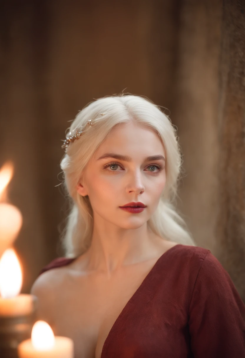 (((a deep reddish wound crosses her left cheek))) fair complexion, woman around 19 years old, natural white hair, distinctive green eyes, wearing kohl, slender and graceful, beautiful, candlelight in a medieval setting, ultra sharp focus, realistic shot, medieval female clothes, tetradic colors (scar:1.4)