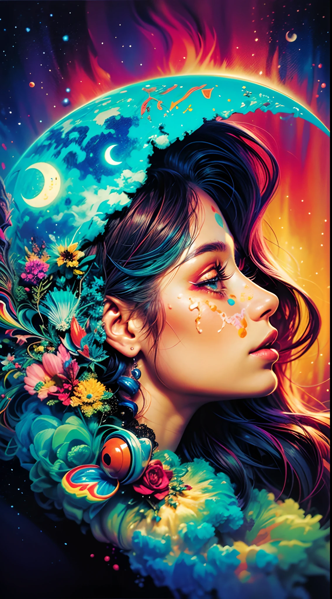 A woman with a colorful face and a crescent on her head, Arte de Alessandro Pautasso, sonho colorido, pintura digital colorida, Pintura digital intrincada, arte de fantasia digital colorida, psychedelic art style, arte colorida bonita!, Jen Bartel, colorido e escuro, Bela arte UHD 4K, psychedelic aesthetic, psychedelic surreal art, full-colour illustration