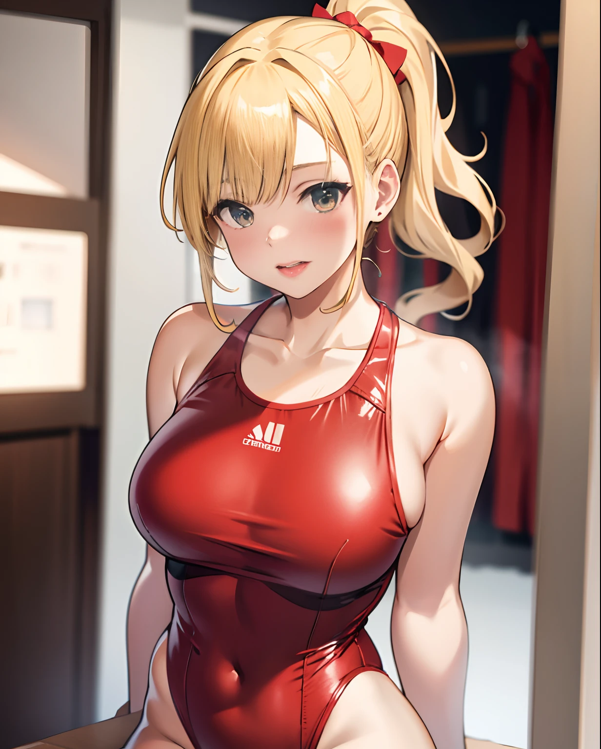 Close-up of a blonde ponytailed girl in a red one-piece swimsuit