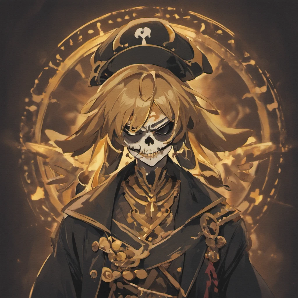 Create an image PFP of pirate skull for an NFT collection called "Pirate Skull", each picture must be different and unique, with dark background, many hat colors, gold accessories, brilliant eyes (blue, brown, black, green), many body and face colors (black, white, yellow, brown, gold), skull face with many tattoos. All pfp picture must have a skull face. The character needs to be aligned in the center, and looking forward.