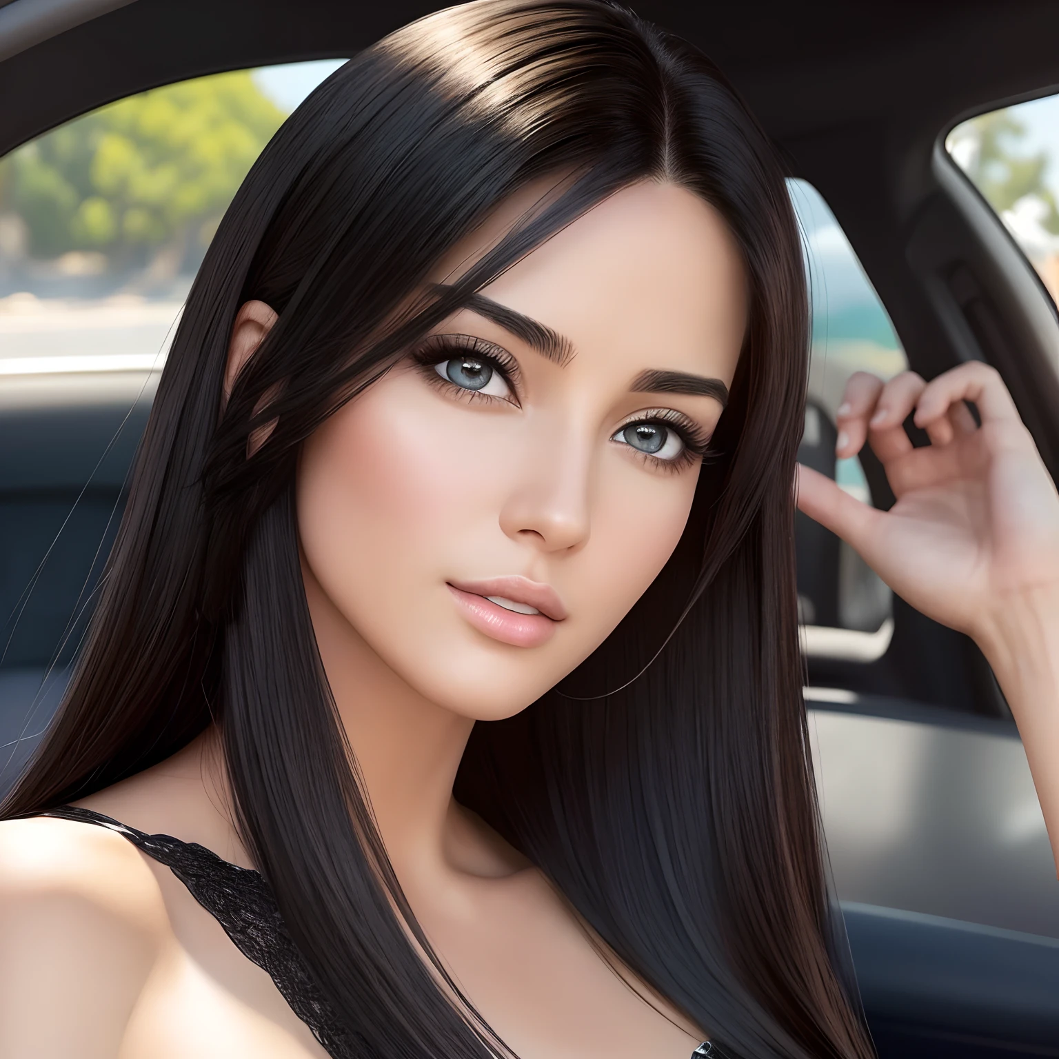 Beautiful Spanish woman、Hollywood actress、Straight hair with black hair、Get out of the car、Being escorted、(masterpiece), (realistic), (photorealistic: 1.2), (raw photo: 1.2), (best quality: 1.2), (detailed face: 1.4), (beautiful detailed eyes: 1.2), (detailed hair)