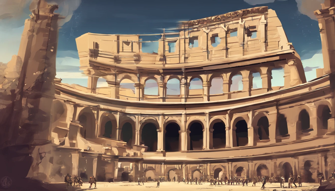 Visualize o majestoso Coliseu de Roma em seu auge. Uma imponente estrutura de pedra, com arquibancadas lotadas de espectadores animados. Gladiators preparing for battle in the center of the arena as the crowd eagerly awaits. Try to capture the electrifying atmosphere and architectural grandeur of this iconic Roman monument.