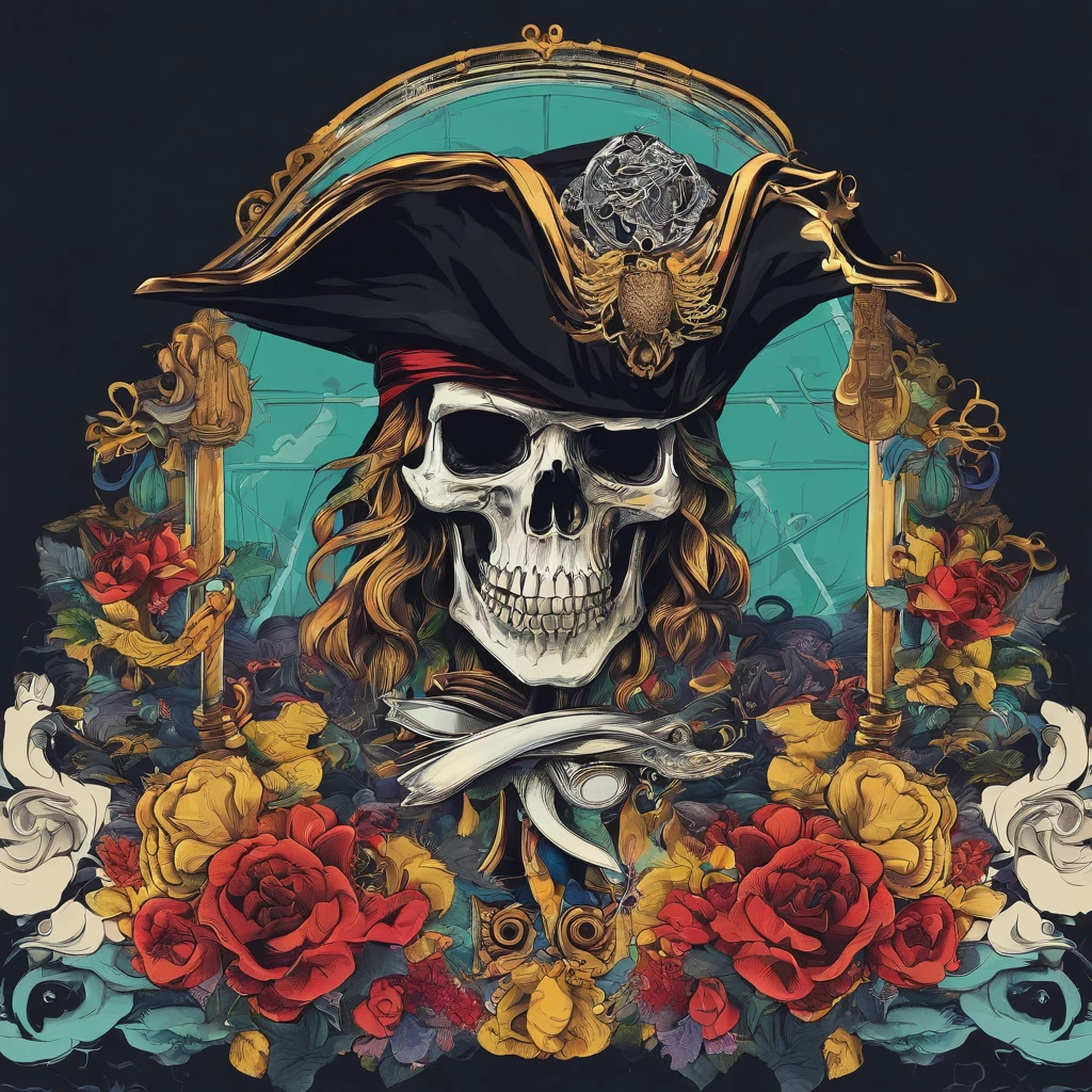 Create an image PFP of pirate skull for an NFT collection called "Pirate Skull", each picture must be different and unique, with dark background, many hat colors, gold accessories, brilliant eyes (blue, brown, black, green), many body and face colors (black, white, yellow, brown, gold), skull face with many tattoos. All pfp picture must have a skull face. The character needs to be aligned in the center, and looking forward.