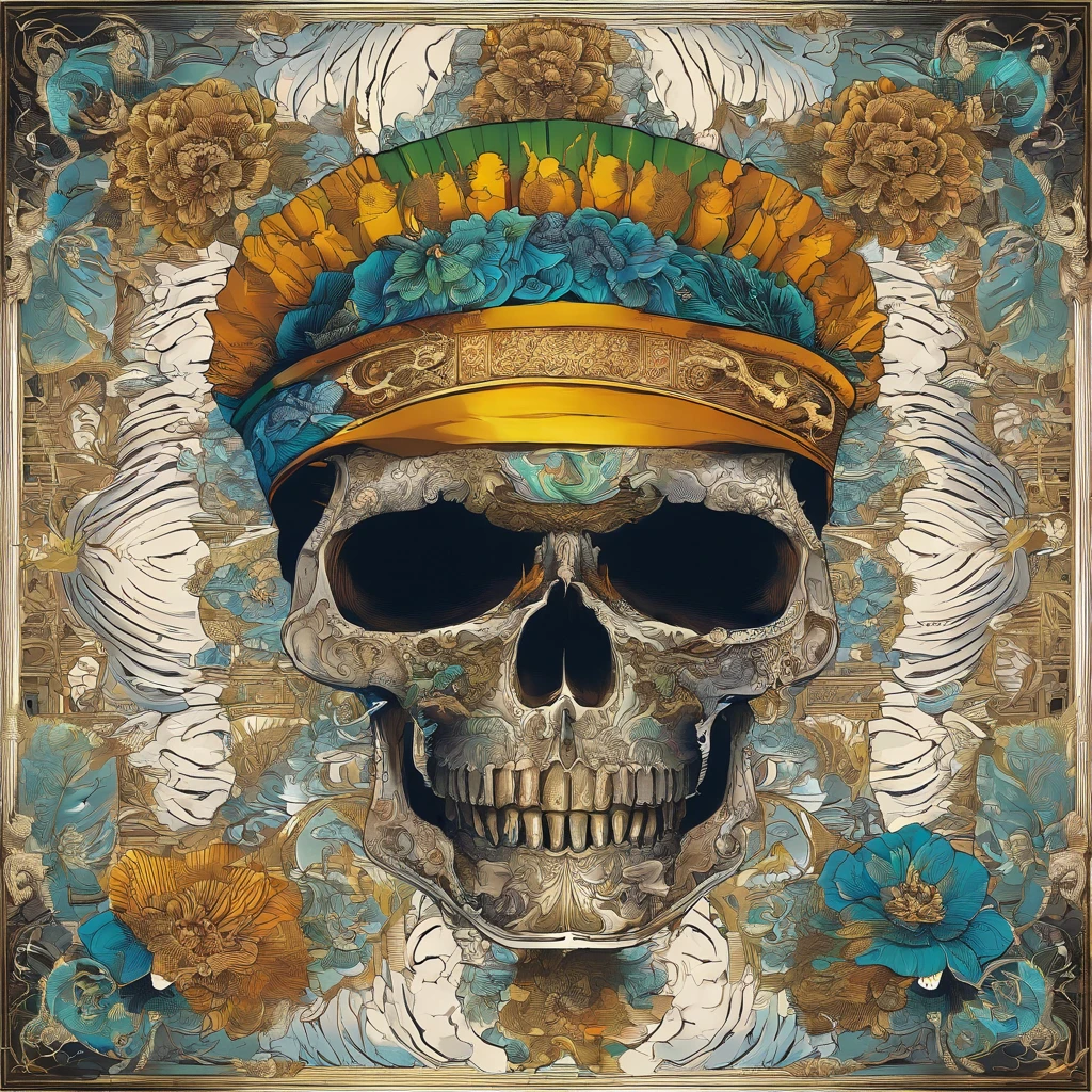 Create an image PFP of pirate skull for an NFT collection called "Pirate Skull", each picture must be different and unique, with dark background, many hat colors, gold accessories, brilliant eyes (blue, brown, black, green), many body and face colors (black, white, yellow, brown, gold), skull face with many tattoos. All pfp picture must have a skull face. The character needs to be aligned in the center, and looking forward.