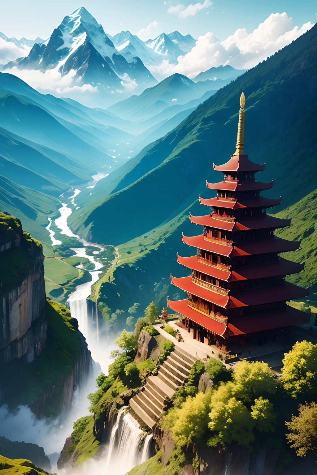 Mountain fields,Waterfall flying,Mountains,Temples and Buddhist temples,8k