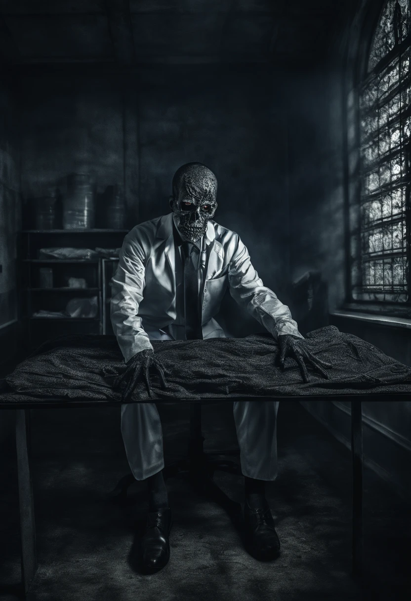 Male, 30 year old Medical Examiner in a Morgue, wearing medical clothes looking at me, sitting behind his desk, In a terrifying environment, Mysterious, with perfect proportions, centered image, visually rich, cinematic, Mschiffer, wallpaper art, UHD wallpaper, ultra sharp focus