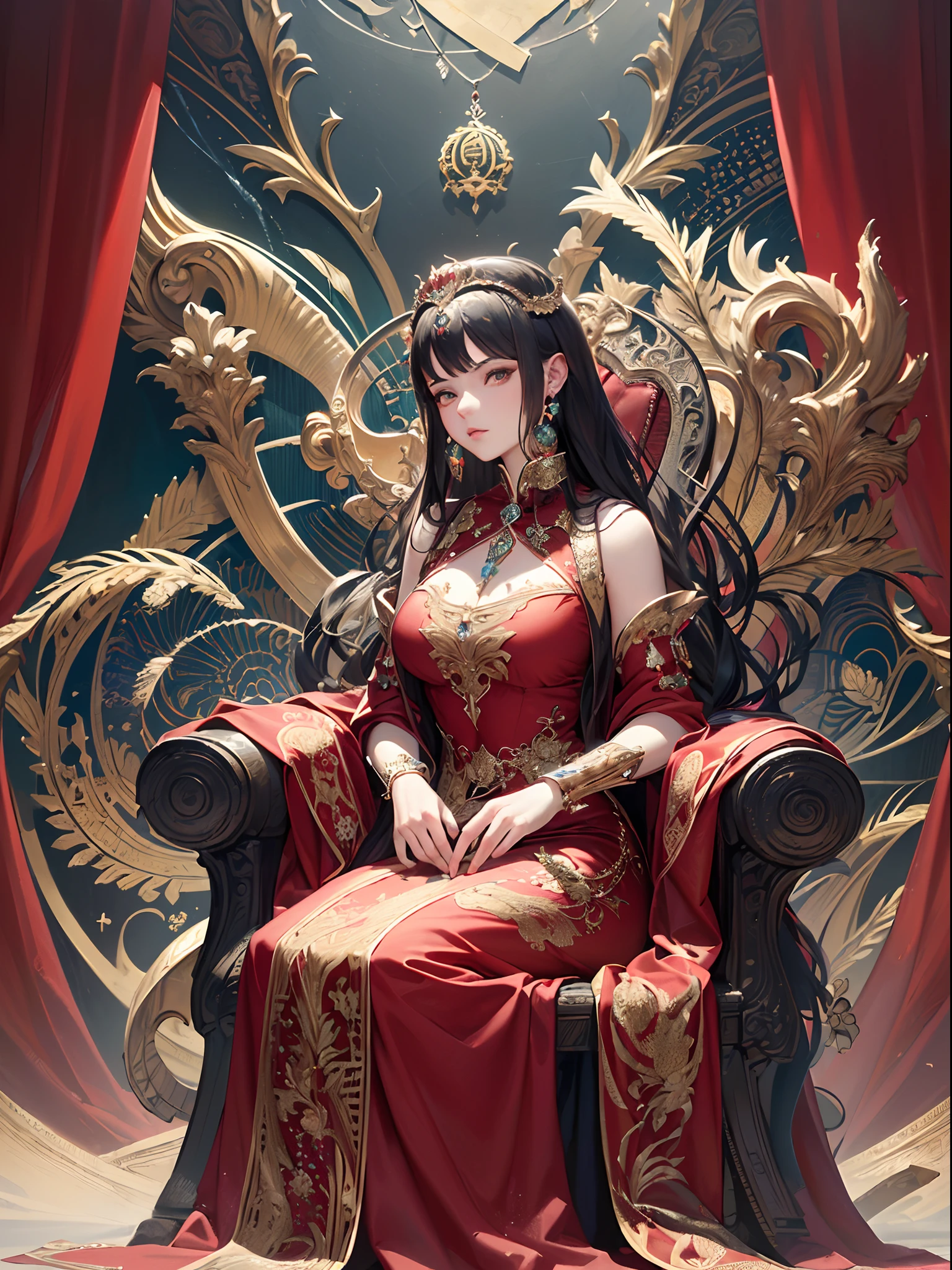 mulher branca, cabelos longos((pretos, fine features, Thin Hands, boca rosa e pele clara, Enigmatic look and magical look, seated on a throne with demonic characteristics and affections, Chifres, Red witch clothes and pre-being sitting on a throne as an empress of hell --auto