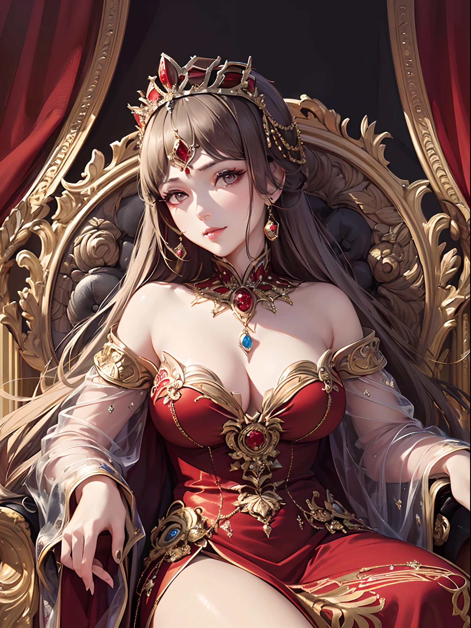 ((Finest quality)),(超A high resolution),(ultra-detailliert),(Meticulous portrayal),((best pictures)),(Finest works of art),Ultra-Precision Art,The art of astounding depiction,Fantasyart:1.5, (One Empress:1.5),(Red luxury dress:1.5),diadems,jewellery, Luxurious throne