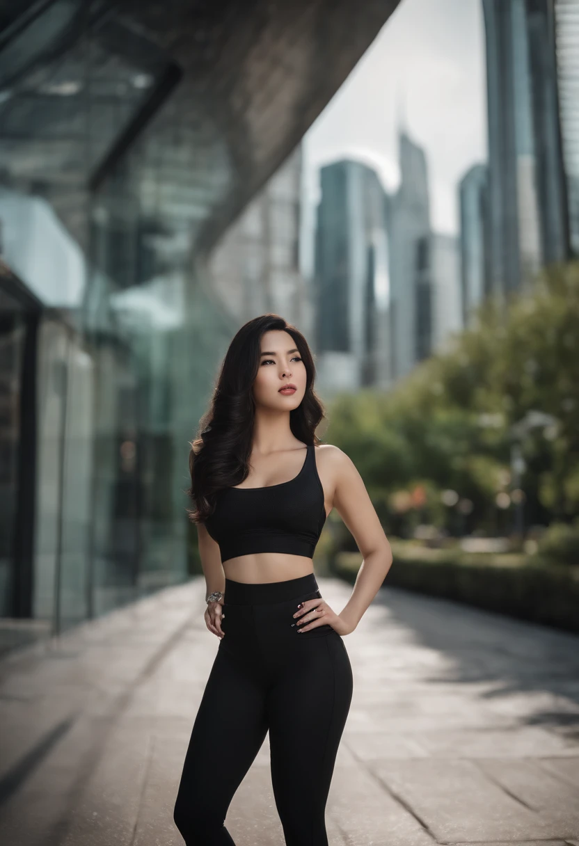 Ultra-realistic 8K CG，（A futuristic：，Perfect artwork，tmasterpiece，Cidade futuristica，future era，Machinary，fanciful），（（detailedbackground）））Sexy 20 year old asian female muscular fresh model，stunningly beautiful，are standing，looking at the camera in，with short black hair，wavy shiny hair，50 mm portrait，carismatic，Gentle curves，gigantic ass，Wide buttock，moist lips，cybernetic perfect body，Perfect abs，3D， Also super realistic，Black and green clothes