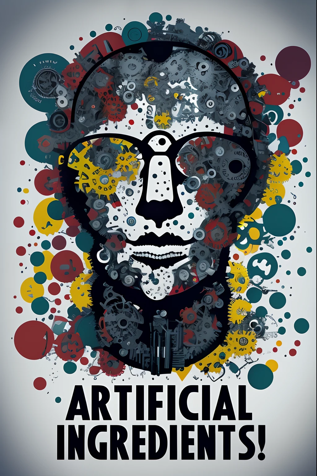 a close up of a poster with a man's face and a lot of gears, artificial, artificial intelligence!!, artificial intelligence, artificial life, artistic digital art, big tech art style, artificial consciousness, art cover, poster art style, artificial flesh, portrait of a starving ai artist, artificial light, official poster artwork, vectorial art, artificial intelligence machine