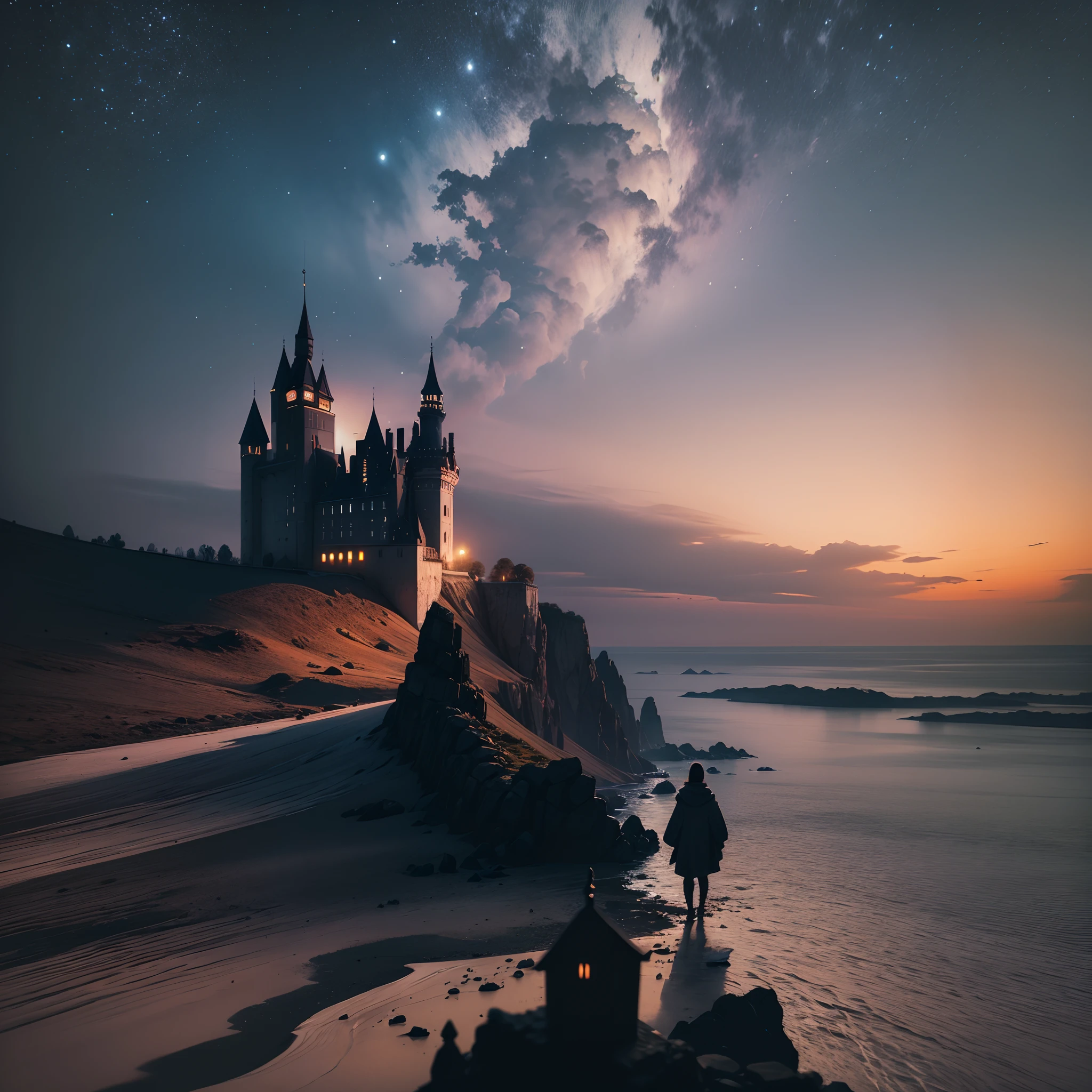 ultra realistic wide angle image of a silhouette of a castle, gloomy night, cliff, fear, medieval, night --auto --s2