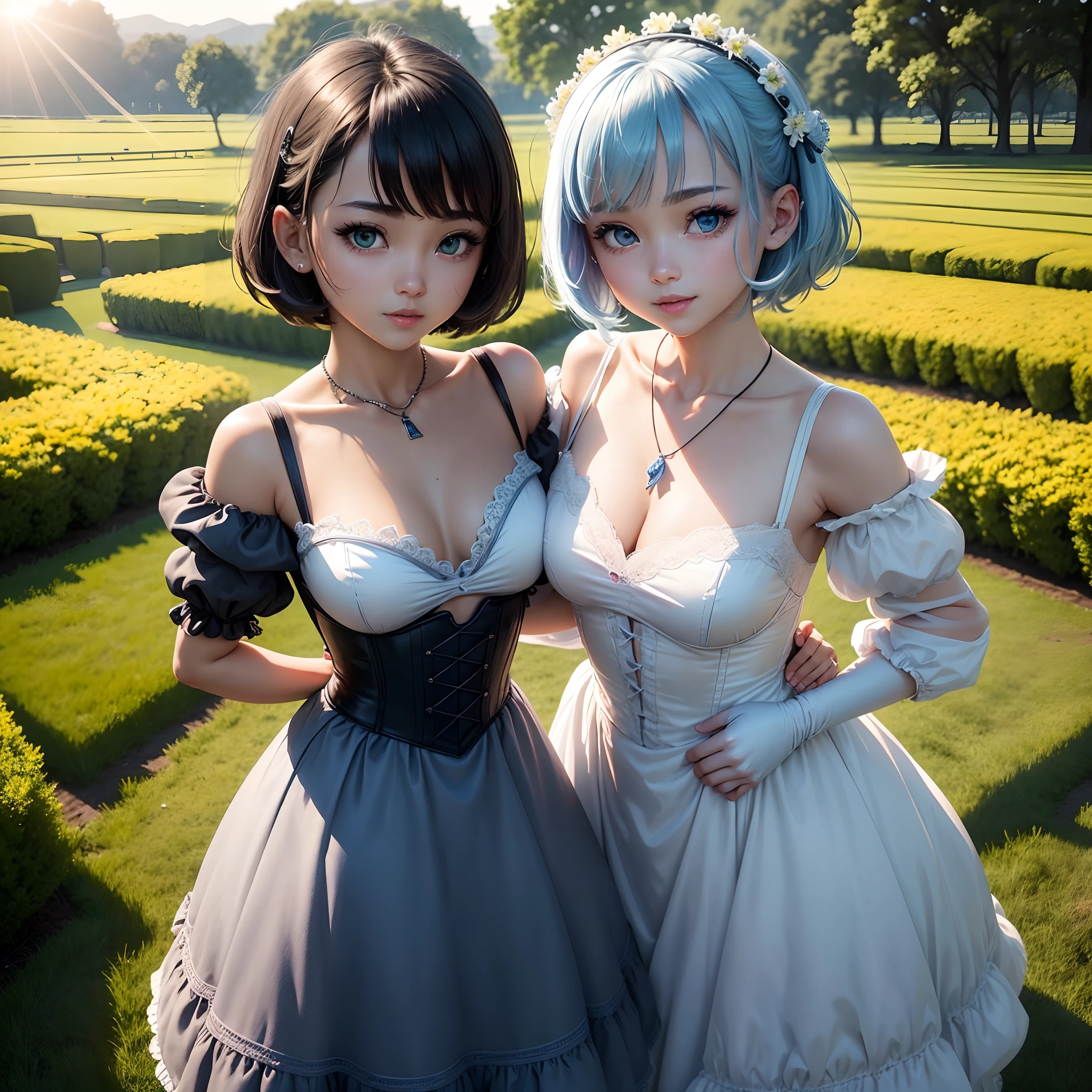 asterpiece、top-quality、16K、8K、4K、hight resolution、ultra-detailliert、extremely detailed eye and face、Pure black skin、skin tanned、skin tanned、1girl in、cute little、short dark hair、Bob cut hair、bangss、Pointed hair between the eyes、the wind、Ultra-detailed green eyes、Puffy eyes、long eyeslashes、drooing eyes、BREAK、(Detailed pale blue Dean Dol:1.Dressed in 2)、(frilld、Ren Hao:1.2)、 corsets, Maid Gloves, a necklace, Head Leasing, Big smile, Upper teeth, happiness, dynamic ungle, The upper part of the body, (cowboy shot:1.2), the pose, Have sweet potatoes,break, dusk sky, Sunset sky,clouds, Under the sun, beautifully daylight, lensflare, Beautiful countryside scenery, mont, Wheatfield garden,