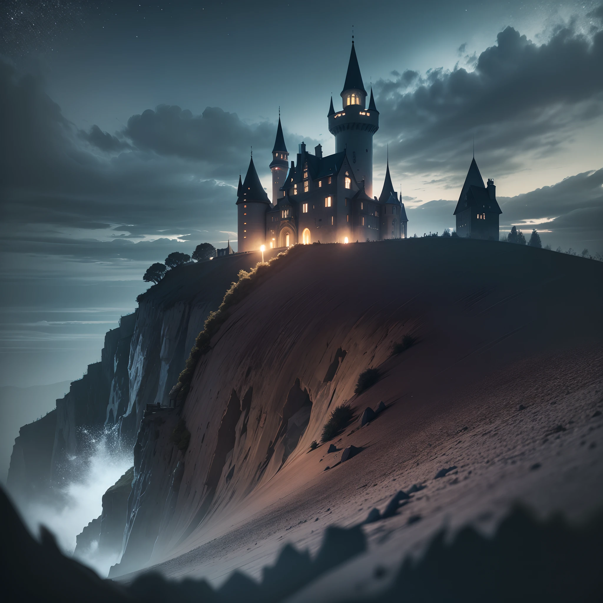 ultra realistic wide angle image of a silhouette of a castle, gloomy night, cliff, fear, medieval, night --auto --s2