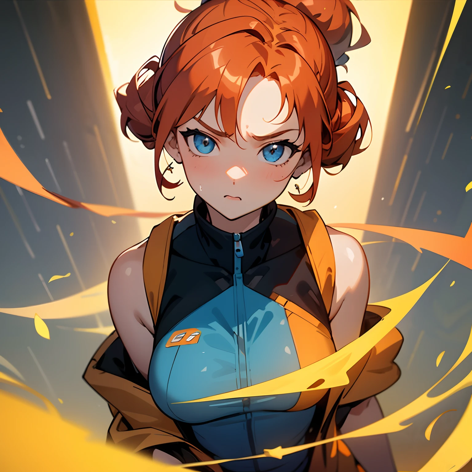 \((high quality)), ((masterpiece)), 8k, extremely detailed CG unity 8k wallpaper, game cg, beautiful detailed eyes,1girl, anime style, vibrant colors, landscape, laboratory background, chemistry, a confident, ginger-haired woman in her late twenties. sleeveless blue lab jacket, piercing blue eyes, serious and slightly irritated exterior, underlying kindness hidden beneath, confident demeanor,ginger-haired,confident expression,blue eyes,ginger hair in a half updo