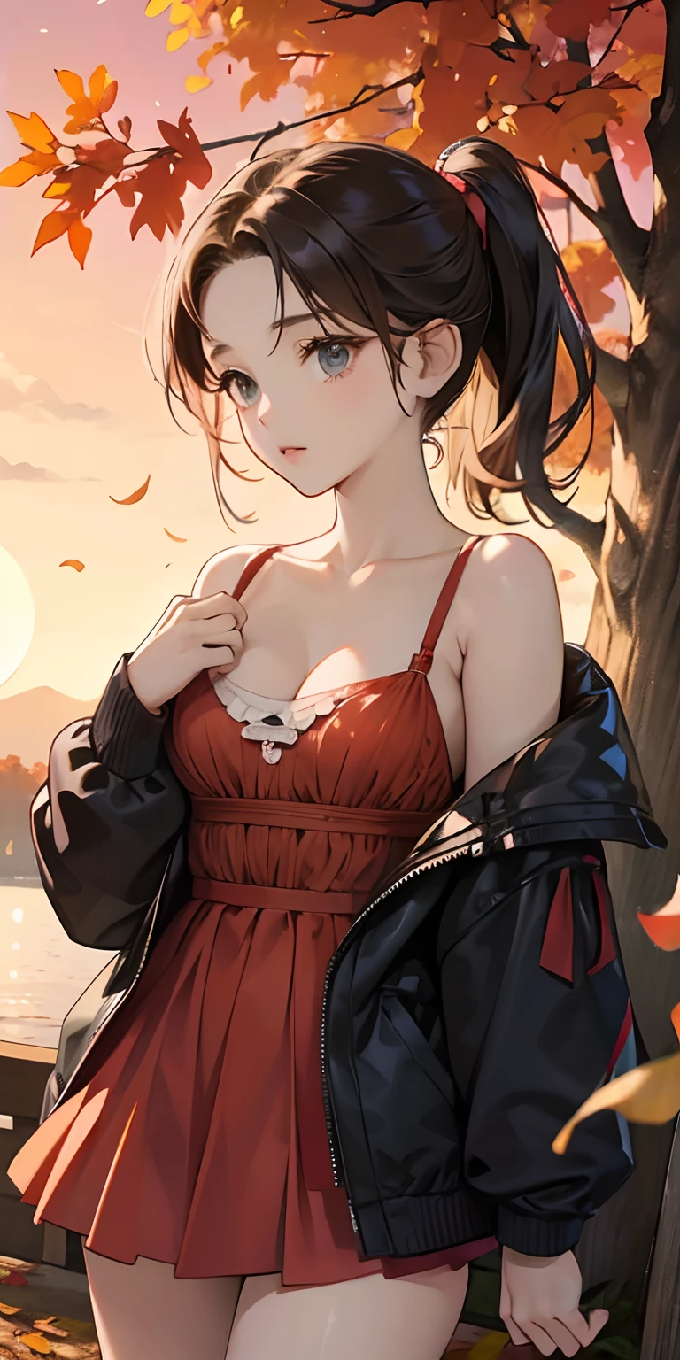 realisticlying、 female child、Outdoohion、Gingko tree、Beautiful autumn leaves、Breasts slightly larger and cleavage emphasized、Sexy Posing、The sky is tinted red by the setting sun