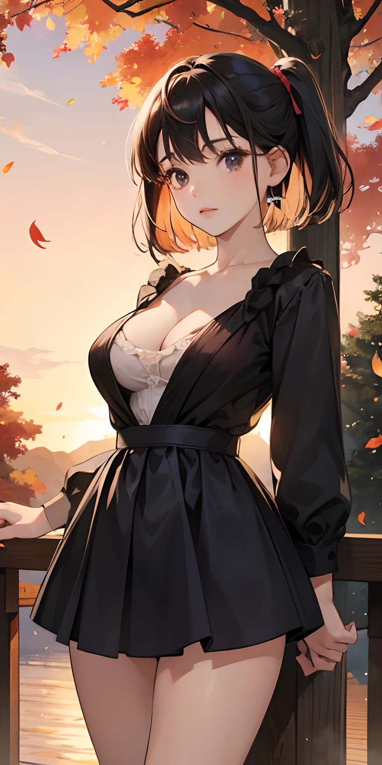 realisticlying、 female child、Outdoohion、Gingko tree、Beautiful autumn leaves、Breasts slightly larger and cleavage emphasized、Sexy Posing、The sky is tinted red by the setting sun