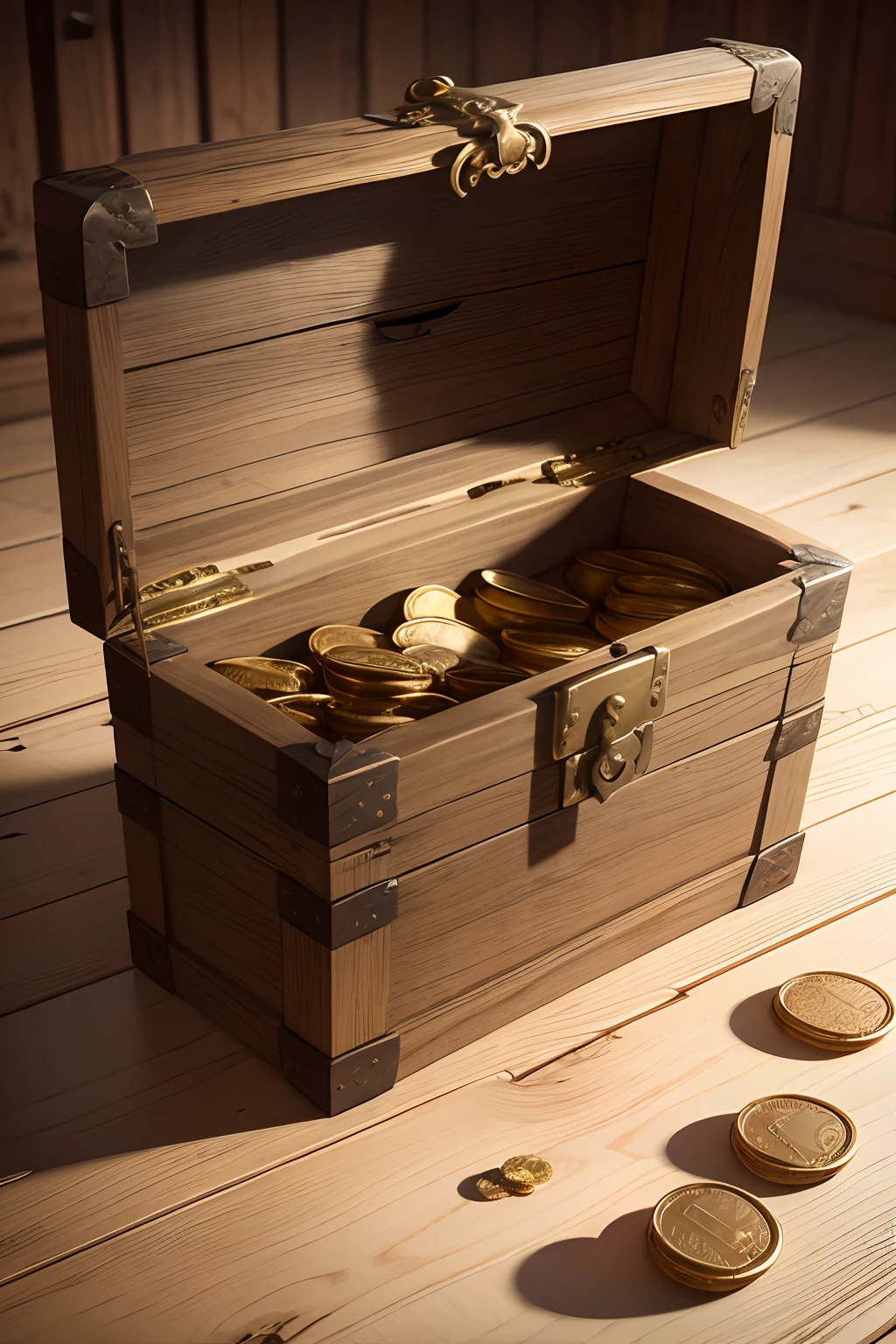 antique treasure chest, quite realistic, rustic, open, which shows inside gold coins, which simulate a valuable treasure, quite realistic, but which dates back to an ancient era, realistic, 8k