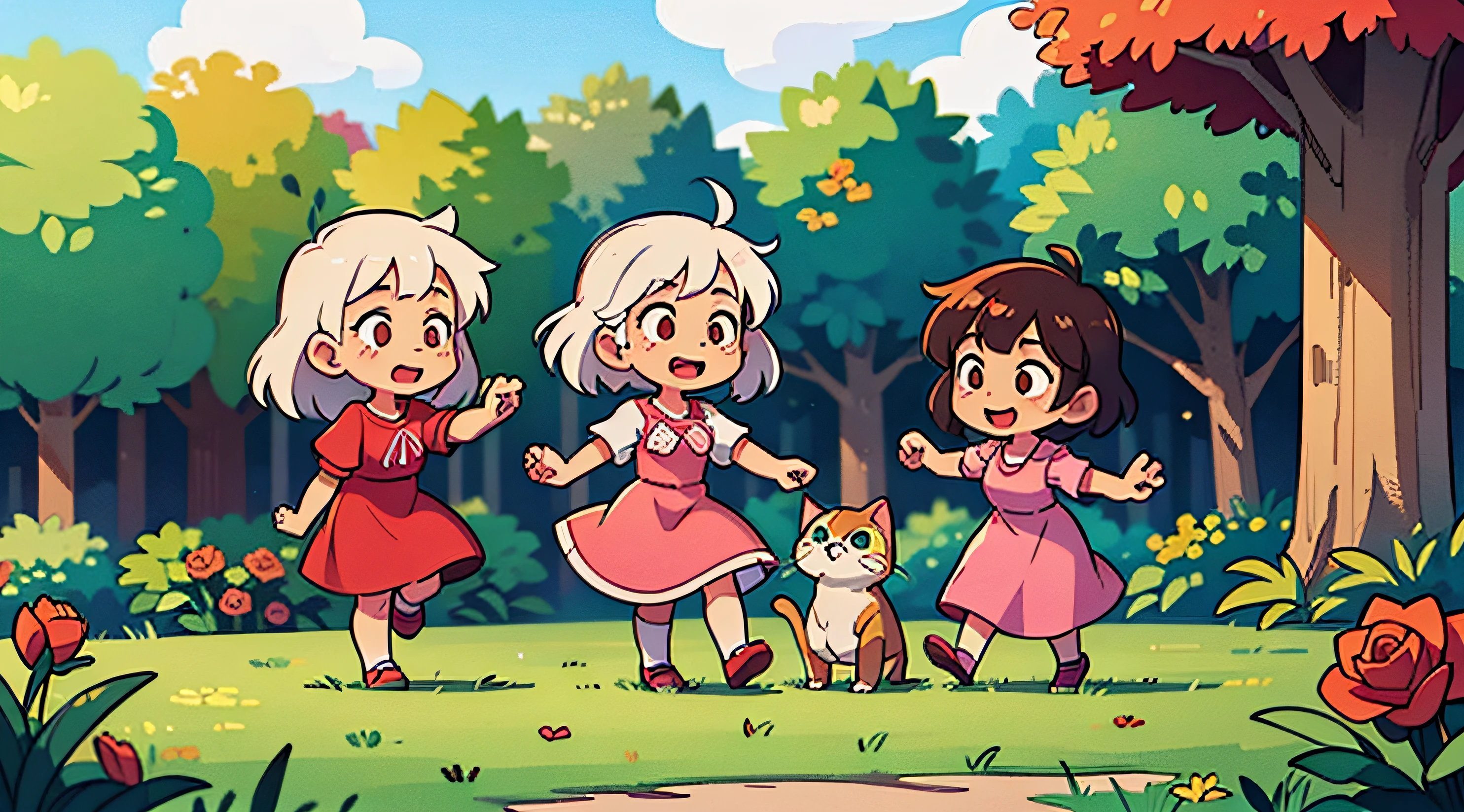 2 girls, Girl with white hair. roses. Girl with brown hair and pink dress holding kitten. A park