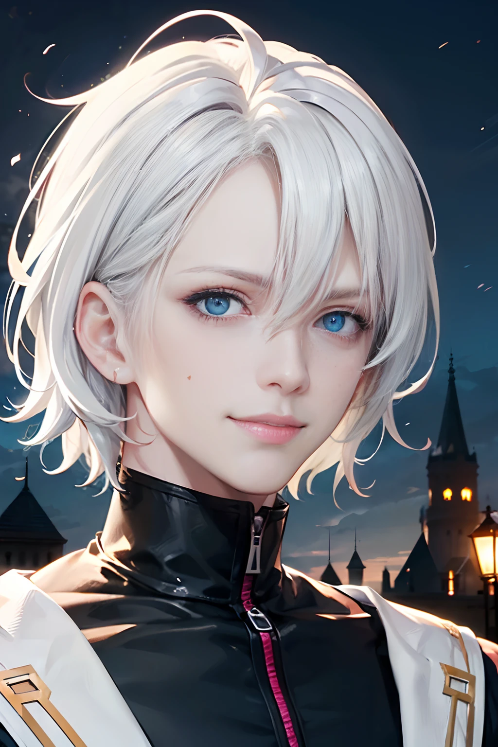 Foto bruta 8K, melhor qualidade, master part, ultra high-resolution, Olhando para o Viewer, Anime Dash Style, portrait of a albino man with (((25 years old))) with a confident pose and smilling, ((medium messy platinum full-bodied hair)), blue eyes, rosy cheeks with freckles, in a magnificent castle