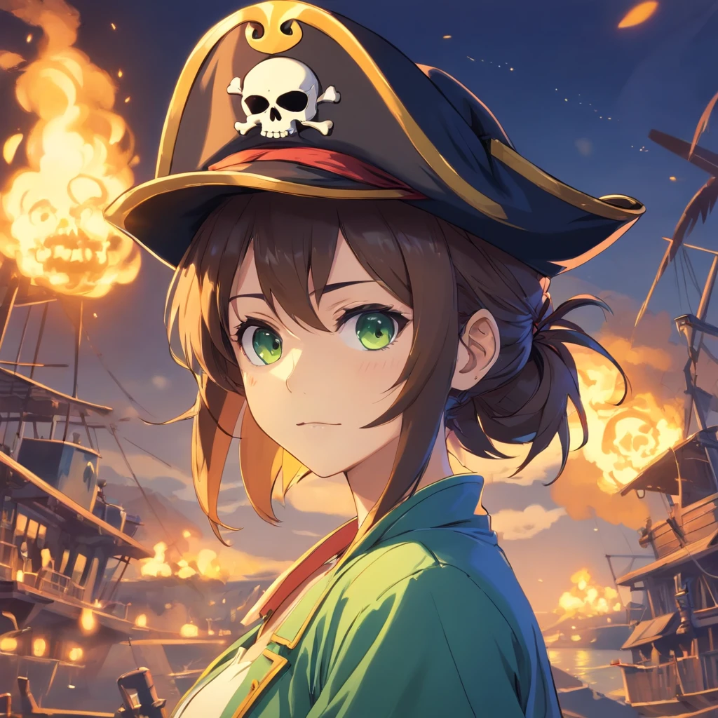 Create an image PFP of pirate skull for an NFT collection called "Pirate Skull", each picture must be different and unique, with dark background, many hat colors, gold accessories, brilliant eyes (blue, brown, black, green), many body and face colors (black, white, yellow, brown, gold), skull face with many tattoos. All pfp picture must have a skull face. The character needs to be aligned in the center, and looking forward.