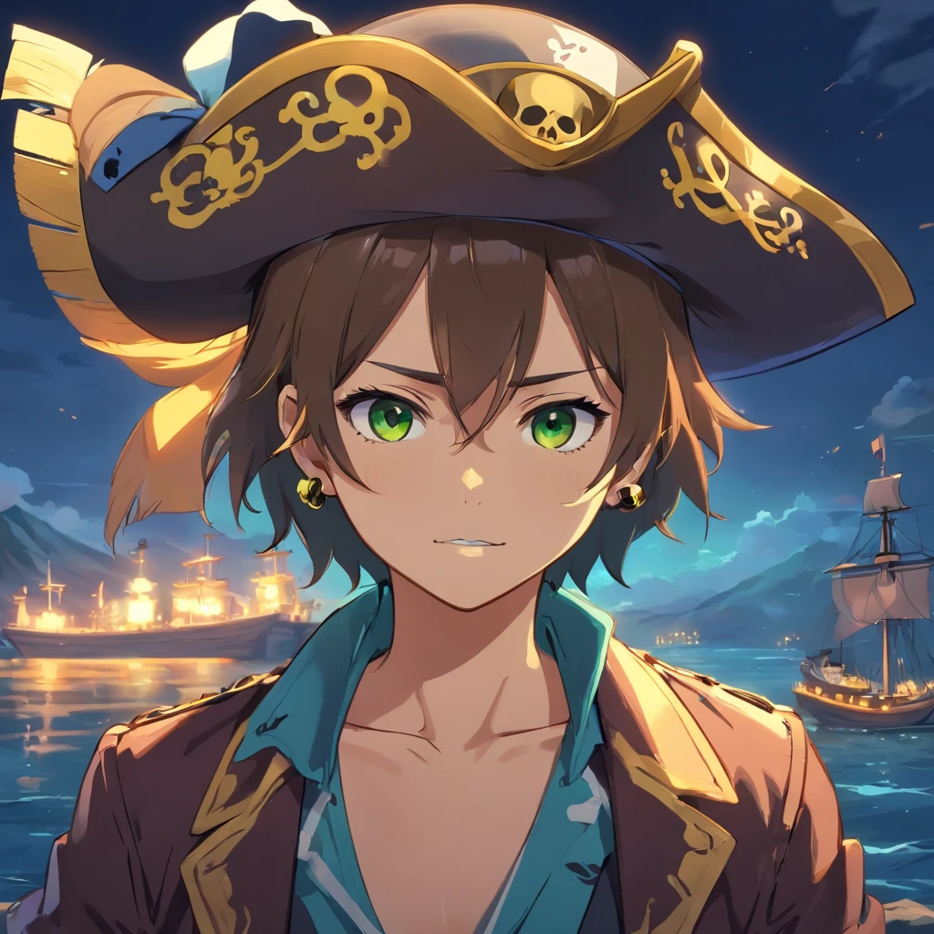 Create an image PFP of pirate skull for an NFT collection called "Pirate Skull", each picture must be different and unique, with dark background, many hat colors, gold accessories, brilliant eyes (blue, brown, black, green), many body and face colors (black, white, yellow, brown, gold), skull face with many tattoos. All pfp picture must have a skull face. The character needs to be aligned in the center, and looking forward.