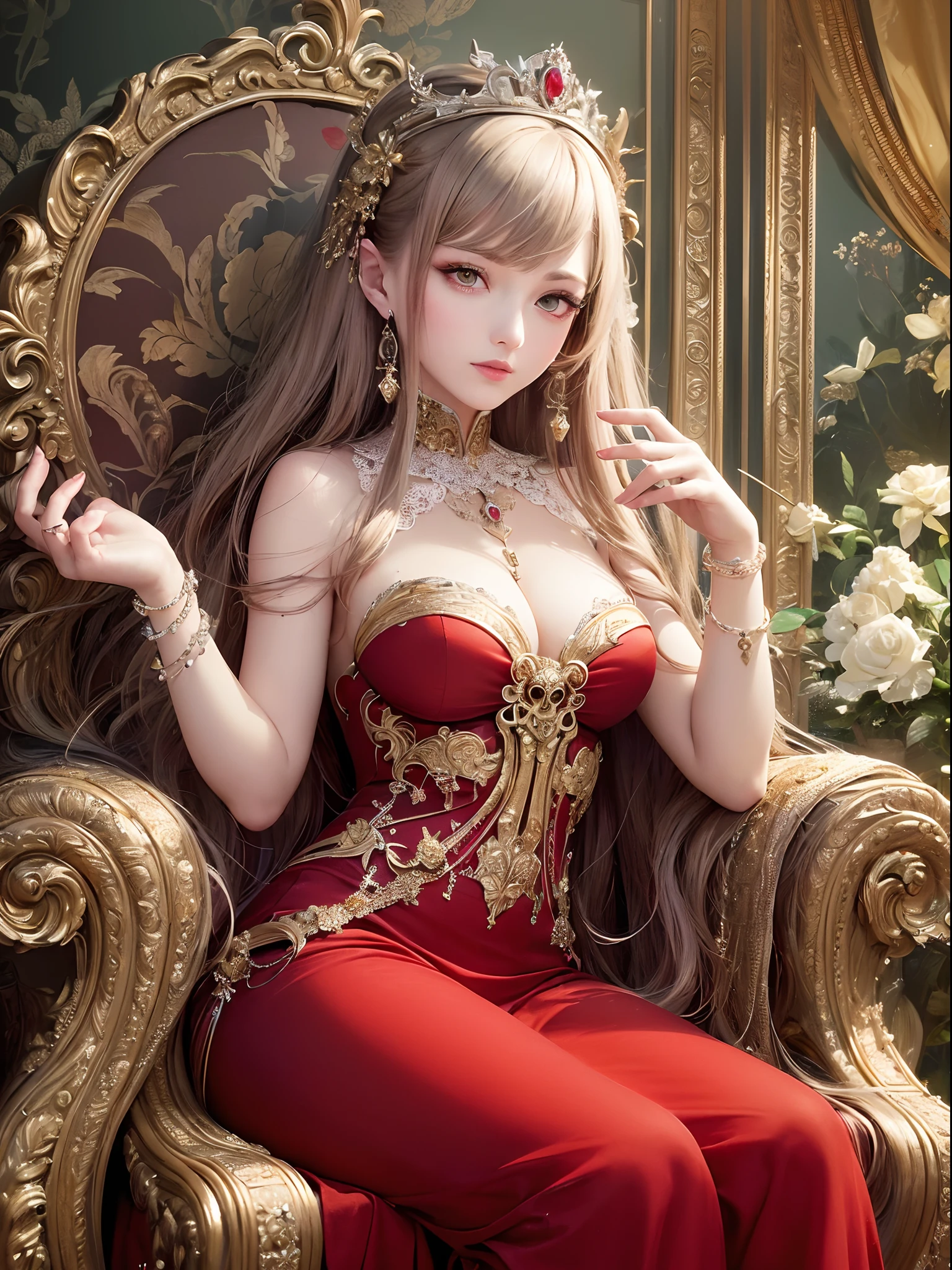 ((Finest quality)),(超A high resolution),(ultra-detailliert),(Meticulous portrayal),((best pictures)),(Finest works of art),Ultra-Precision Art,The art of astounding depiction,Fantasyart:1.5, (One Empress:1.5),(Red luxury dress:1.5),diadems,jewellery, Luxurious throne