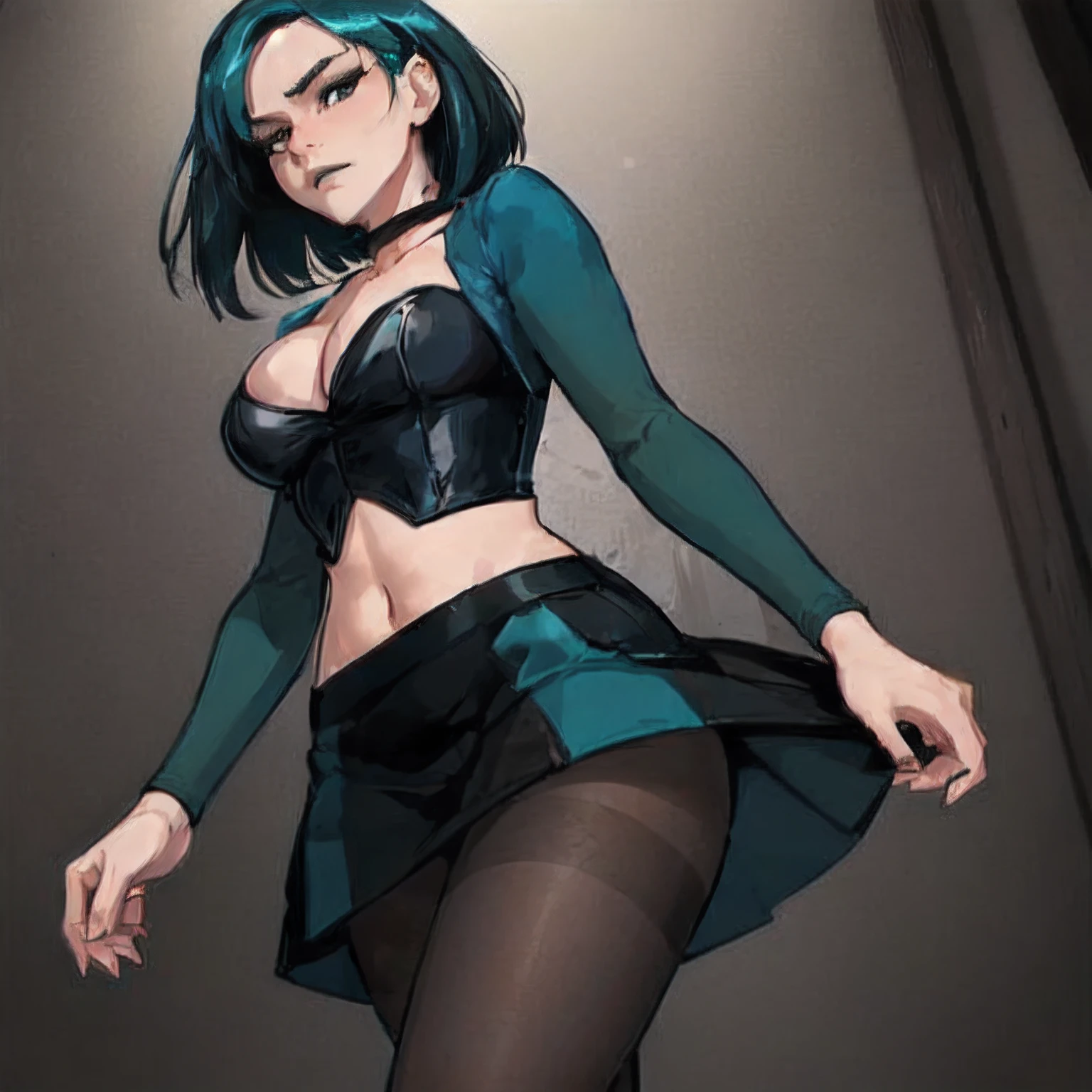 (masterpiece, best quality:1.2), gwen, 1girl, solo, breasts, bangs, skirt, navel, cleavage, jewelry, large breasts, disgusted face, pantyhose, choker, midriff, makeup, black choker, outdoors, forest, night sky, campfire, log, sitting, highly detailed beautiful face, realistic glistening skin, detailed cloth texture, extremely detailed clothing, detailed hair texture, Perfect body, accurate, Anatomically correct, natural number of limbs, natural number of fingers, (4 fingers and one thumb per hand, normal hands, natural hands), delicate fingers, Highly detailed skin texture, delicate facial features, simetric eyes, natural neck length, (beautiful hands), (fair skin:1.2),