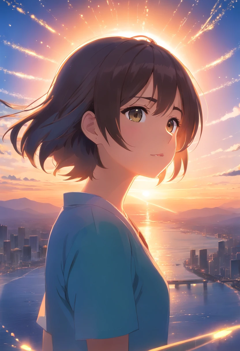 obra-prima, melhor qualidade, filme ainda, garoto nuvem, floating into the sky, close-up, brilhante, firme, Soft lighting and Warm, sun sunset, (Sparks: 0,7)