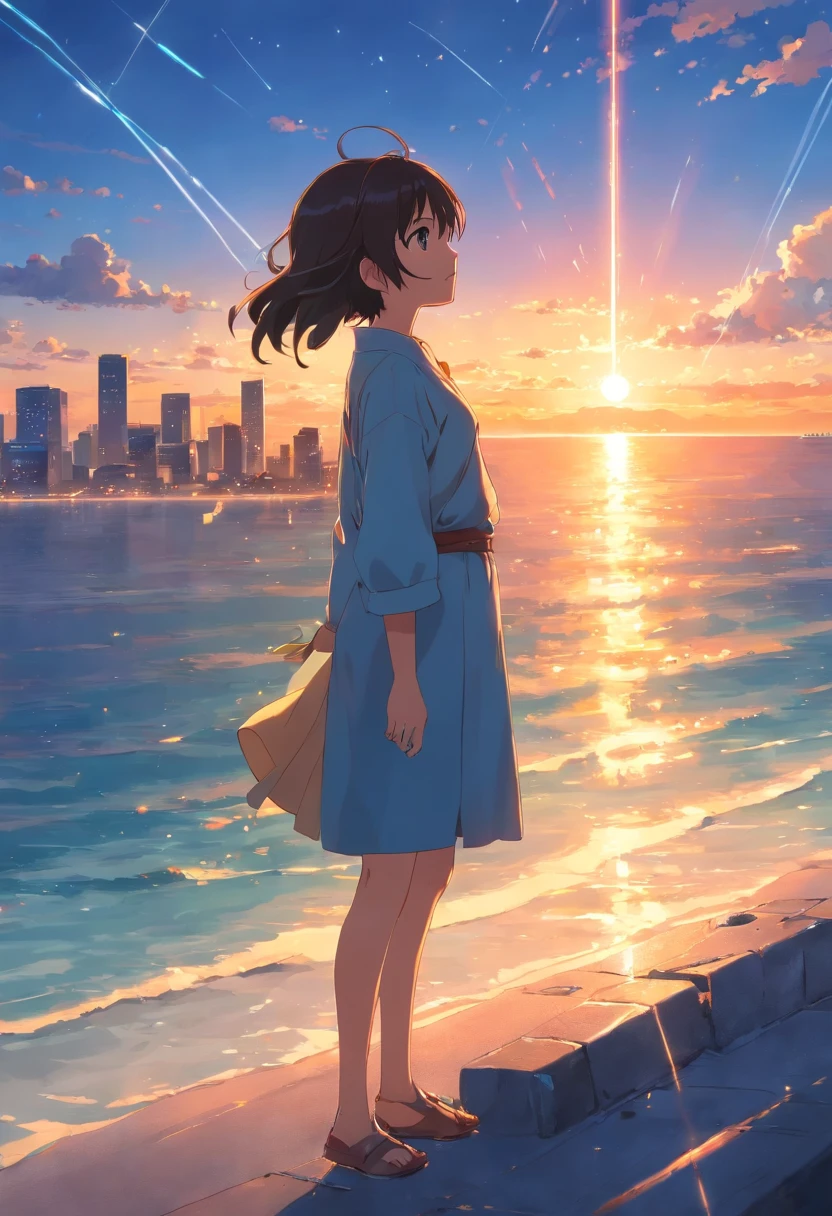 obra-prima, melhor qualidade, filme ainda, garoto nuvem, floating into the sky, close-up, brilhante, firme, Soft lighting and Warm, sun sunset, (Sparks: 0,7)