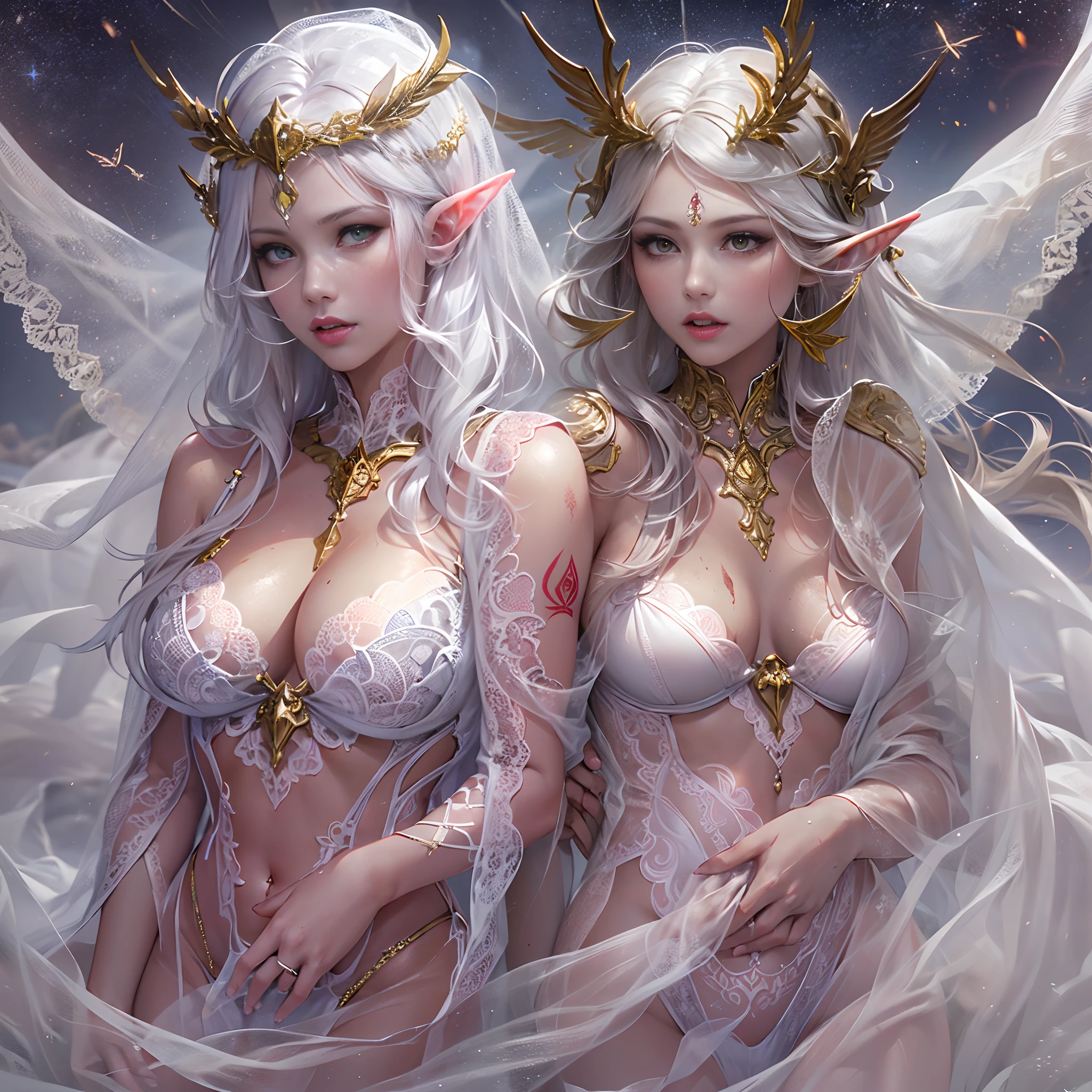 Sisters, Milky Way, Crescent Moon, Meteor Shower, Silver Hair, Feathered Angel Wings, Elven Ears, Transparent Finish, Realistic Body Lines, (((Many long white lace veils flutter in the wind))),((Red tattoo with womb under the navel))))), (Silk gold and silver lingerie), ((((Dirty crest)))