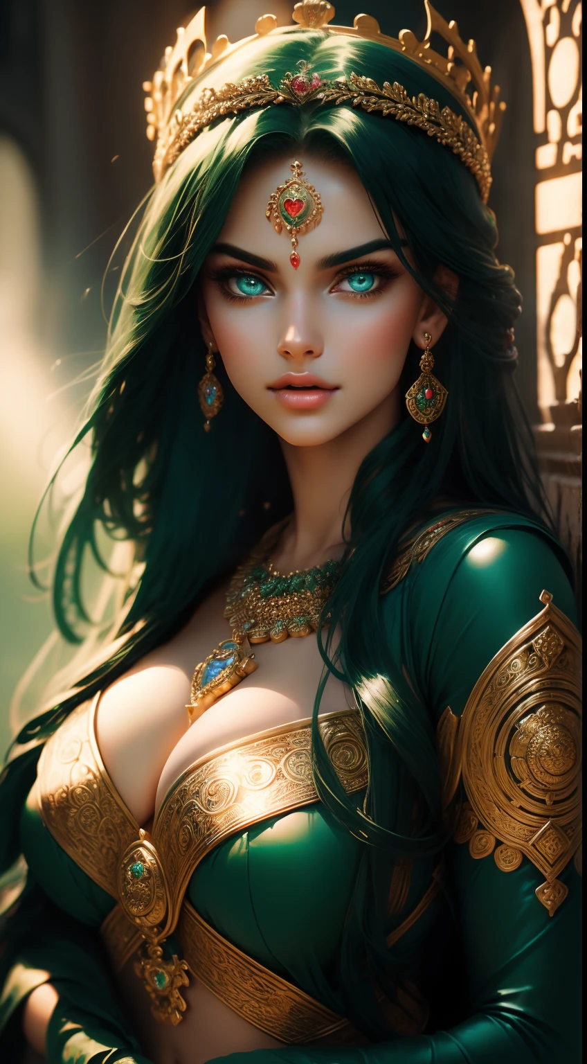 beautiful goddess of love, with beautiful green eyes, amazing, beautiful figure, perfect body, curvy body perfect hands, ultra detailed photography of zhang jingna, intricate jeweled crown,