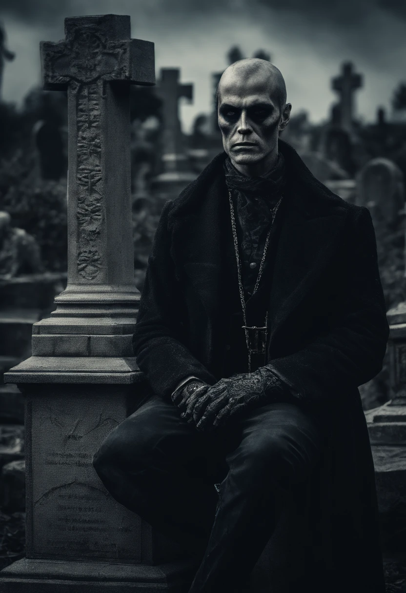 Man, 30 years old a gravedigger in a Cemetery, wearing Mysterious clothes looking at me, sitting on top of a Tomb, in a terrifying environment, Mysterious, with perfect proportions, centered image, visually rich, cinematic, Mschiffer, wallpaper art, UHD wallpaper, ultra sharp focus