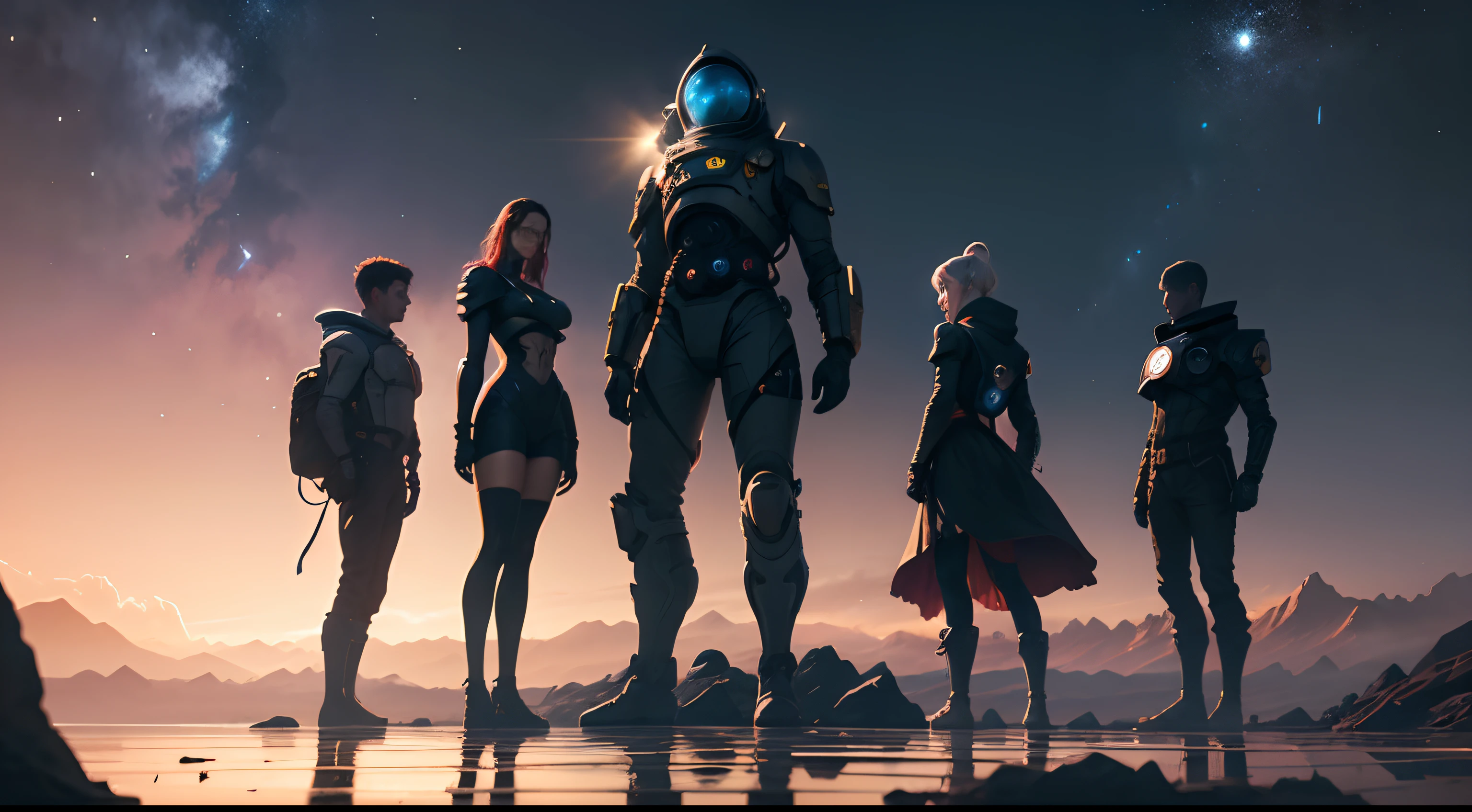 title: "O Planeta Cronos" Create an intriguing and captivating image for a video thumbnail based on the tale "O Planeta Cronos". The image is meant to capture the essence of space exploration on an inhospitable planet filled with exotic vegetation, with space exploration equipment and elements with futuristic, cyberpunk and mysterious elements. Adicione respingos de luzes brilhantes e sombras profundas para criar um clima de suspense. Incluir imagens dos quatro protagonistas - Dr. Alan Thorp, Alana Khayne, Alexander Falk and Victoria Sutherland - in poses that convey determination and reflection. no centro da imagem, destacar os protagonistas, temporal energy irradiation. Colors should be rich and contrasting to draw attention. The image should capture the sense of mystery, aventura, e descoberta que permeia o conto.