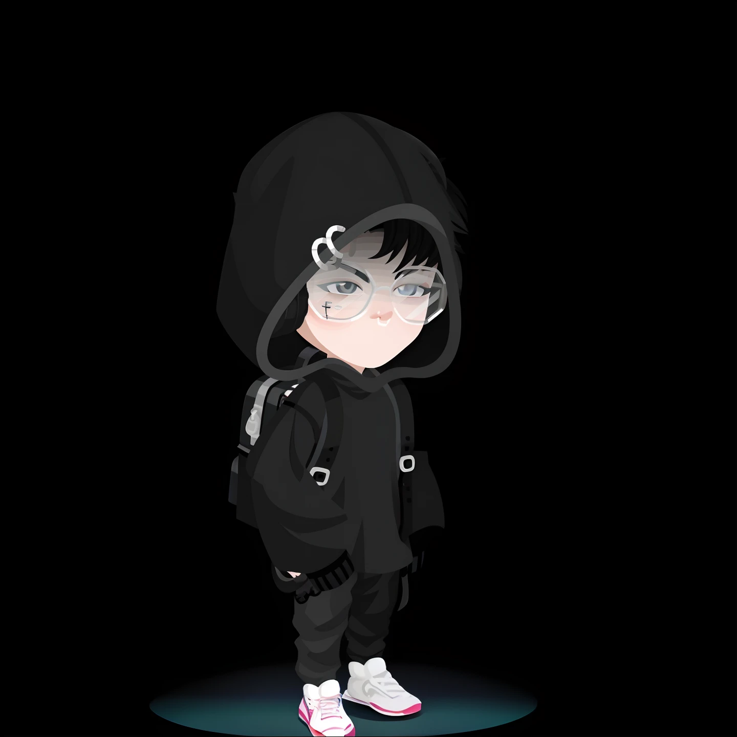 Cartoon boy in black hoodie with backpack and sneakers, estilo chibi, IMVU, inspirado em Gang Hui-an, inspirado em Jang Seung-eop, Parque Jimin, em um moletom preto, estilo anime. 8k, corpo inteiro!, personagem estilo anime, advanced digital chibi art, inspirado em Gang Se-hwang, cara emo bonito, Personagem altamente detalhado, arte limpa