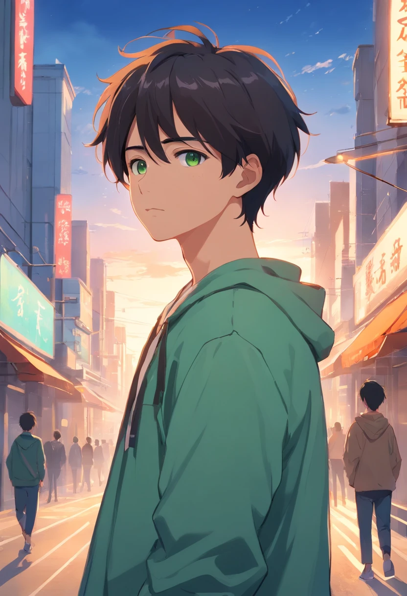Salt face、icons、28 year old、male people、twinks、Fresh green、the pose、Meek、Too eyebrows、Looking into the distance、masutepiece、masterpiece、Best Quality、Childhood remains、a baby face、A dark-haired、man